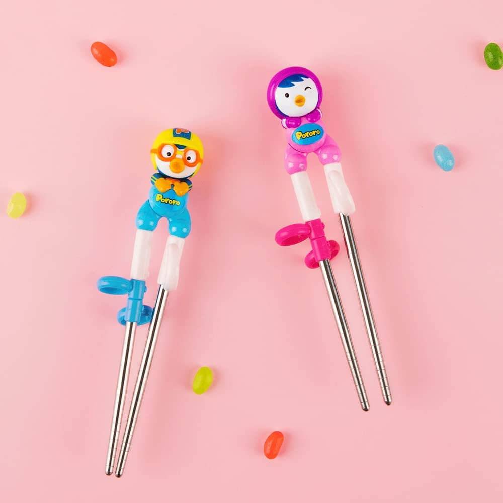Edison Pororo Training Chopsticks for Right-Hand Children Kids (Stainless Steel, Blue, Yellow, Dishwasher Safe) image number 2