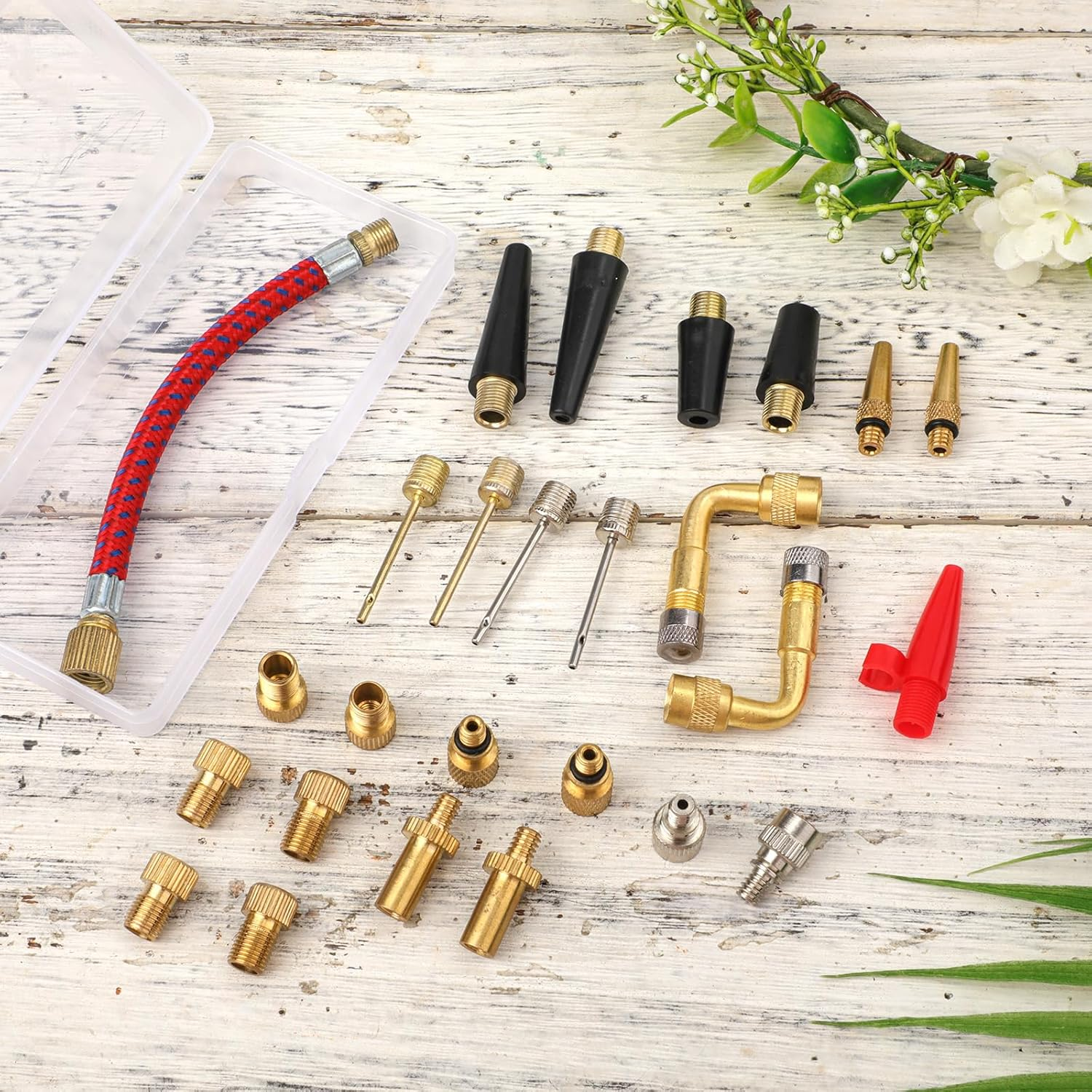 28Pcs Bicycle Valve Adapter Set, Brass Bike Tire Valve Stem Adapter Inflation Kit Accessories for Standard Pump or Air Inflatable Attachment Compressor for Presta Schrader image number 3