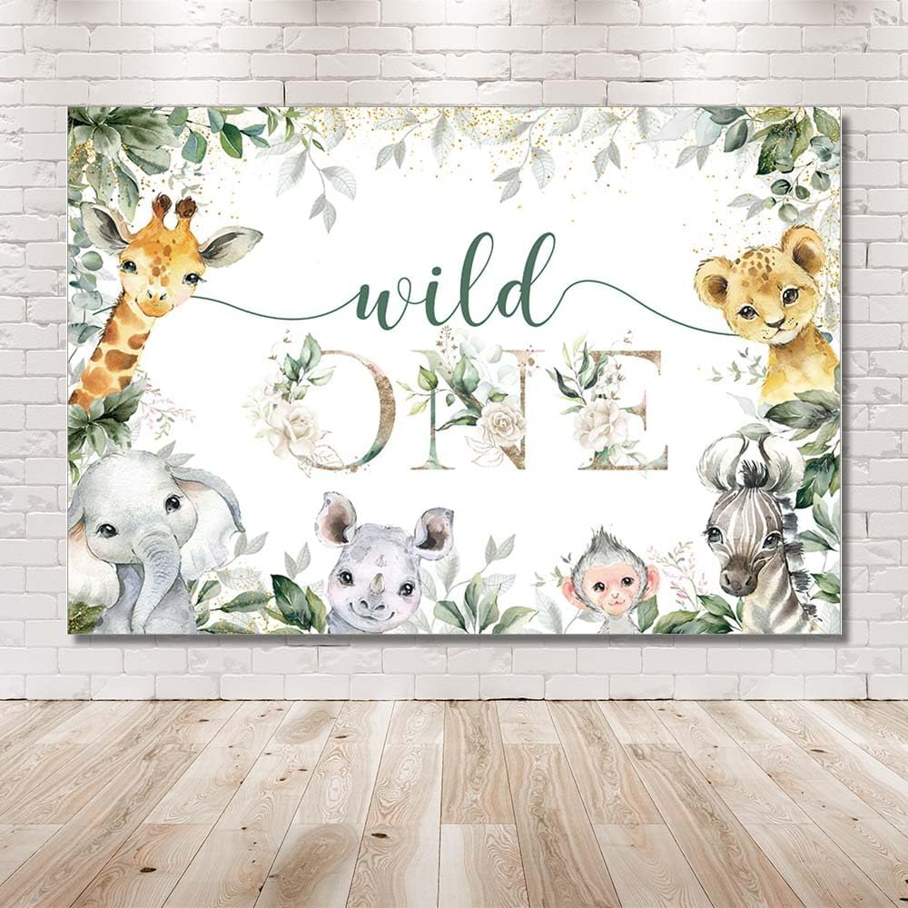 MEHOFOND Boys Girls 1St Birthday Backdrop Cute Wild Animal Eucalyptus Leaves Flowers Photography Backdrop Cake Smash Birthday Party Decoration Banner image number 6