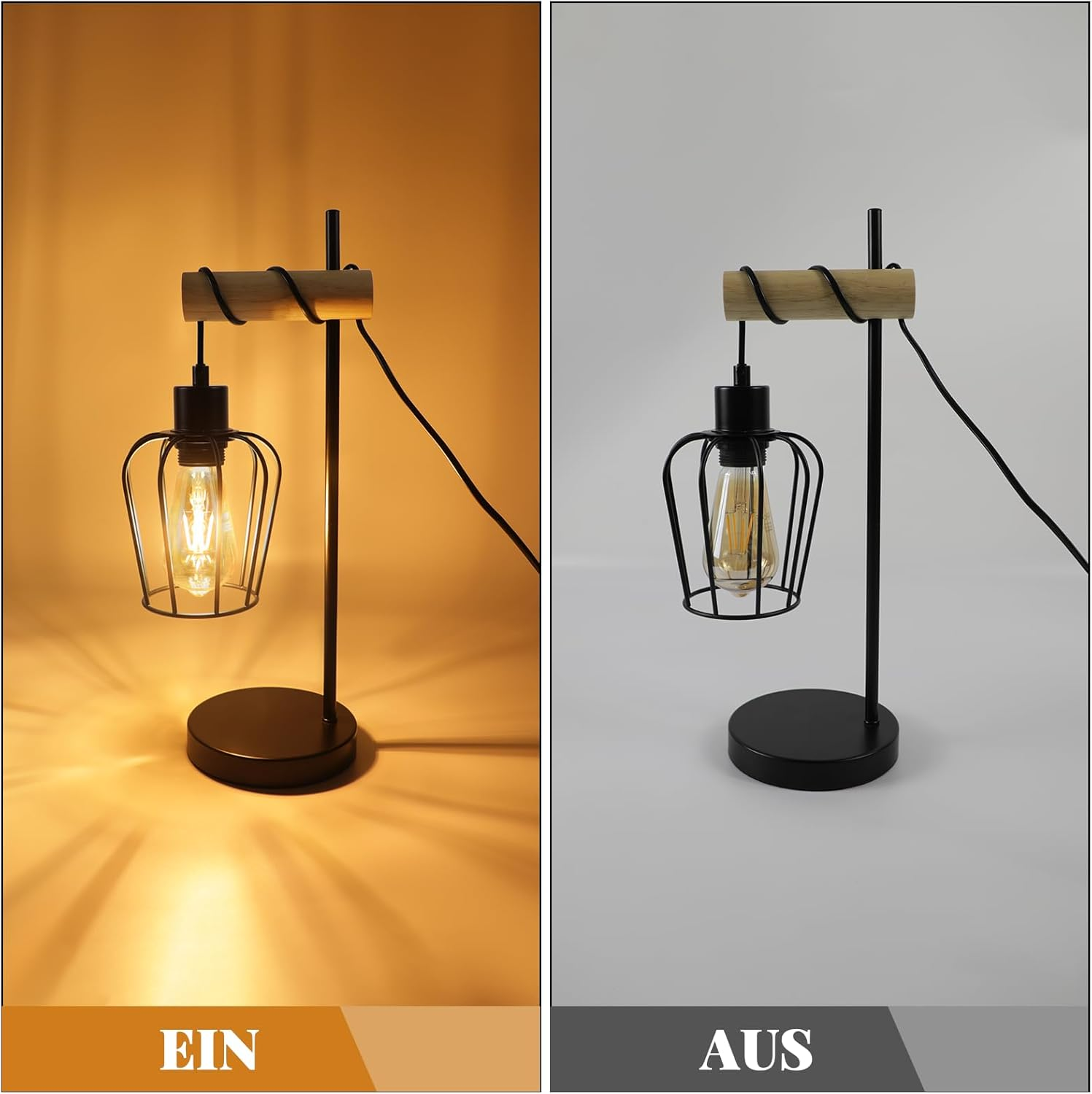 ZMH Vintage Wooden Living Room Table Lamp: Black Bedside Lamp 1 Light Industrial Design Metal E27 Socket Retro for Hotel Room - without Bulb - Floor Lamp D image number 2