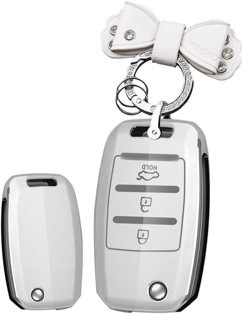 HIBEYO Folding 3 Button for Kia Key Fob Cover TPU Key Case for Kia Sorento Sportage Rio Soul Forte Optima Carens Picanto Smart Key Holder Car Accessories with Keychains-Bow Key Chain(White)