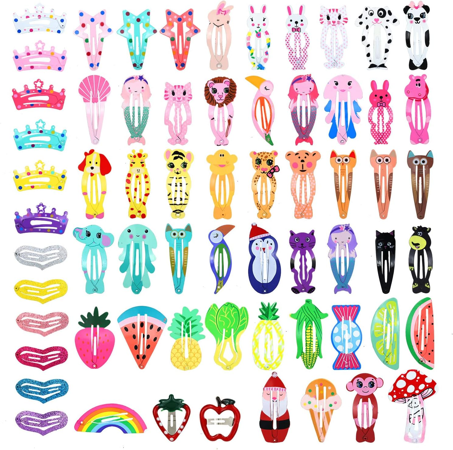 Cinaci 64 Pack Cute Cartoon Animal Fruit Pattern Anti-Slip Metal Snap Hair Clips Barrettes Hairpins Hair Accessories for Toddlers Kids Teens Little Girls Pets Dogs