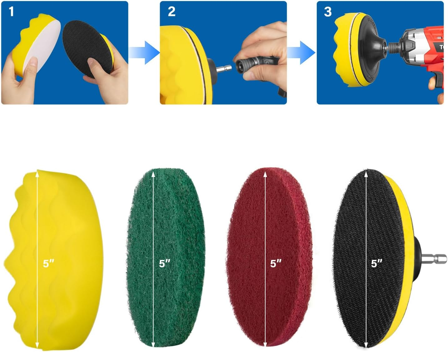 TOPEX 14-Piece Drill Brush Attachment Kit, 2-In-1 Clean & Polish Power Scrubber Set for Scrubbing- Multi Surface Use on Household, Auto Detailing with Assorted Brushes, Pads & Extension Rod image number 6