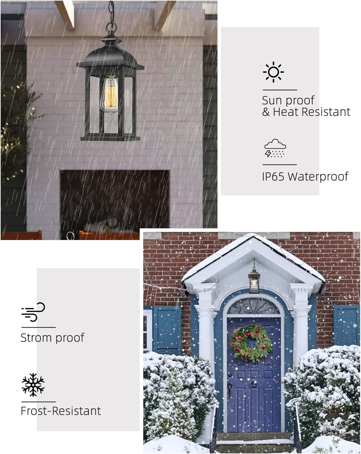 EMLIVIAR Outdoor Pendant Lights for Porch, Exterior Hanging Latern Outdoor Hanging Light Fixture, Black Finish with Seeded Glass, AUD03H BK