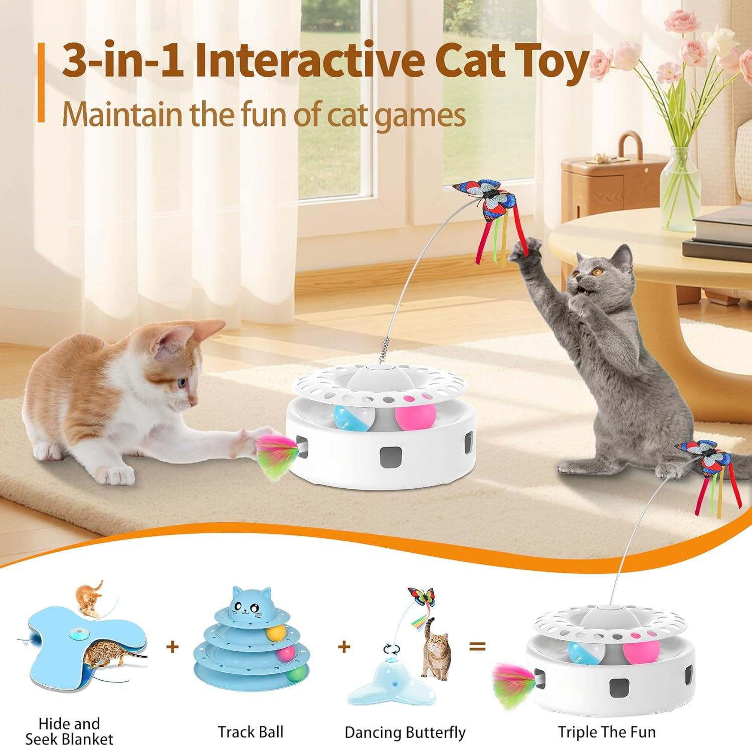 Soarer Cat Toy 3-In-1 Automatic Interactive Kitten Toy, Butterfly Dancing, Shooting Feathers, 4-Piece Toy Replacement, Track Ball, Dual Power Mode Suitable for Indoor Sports Cats image number 4