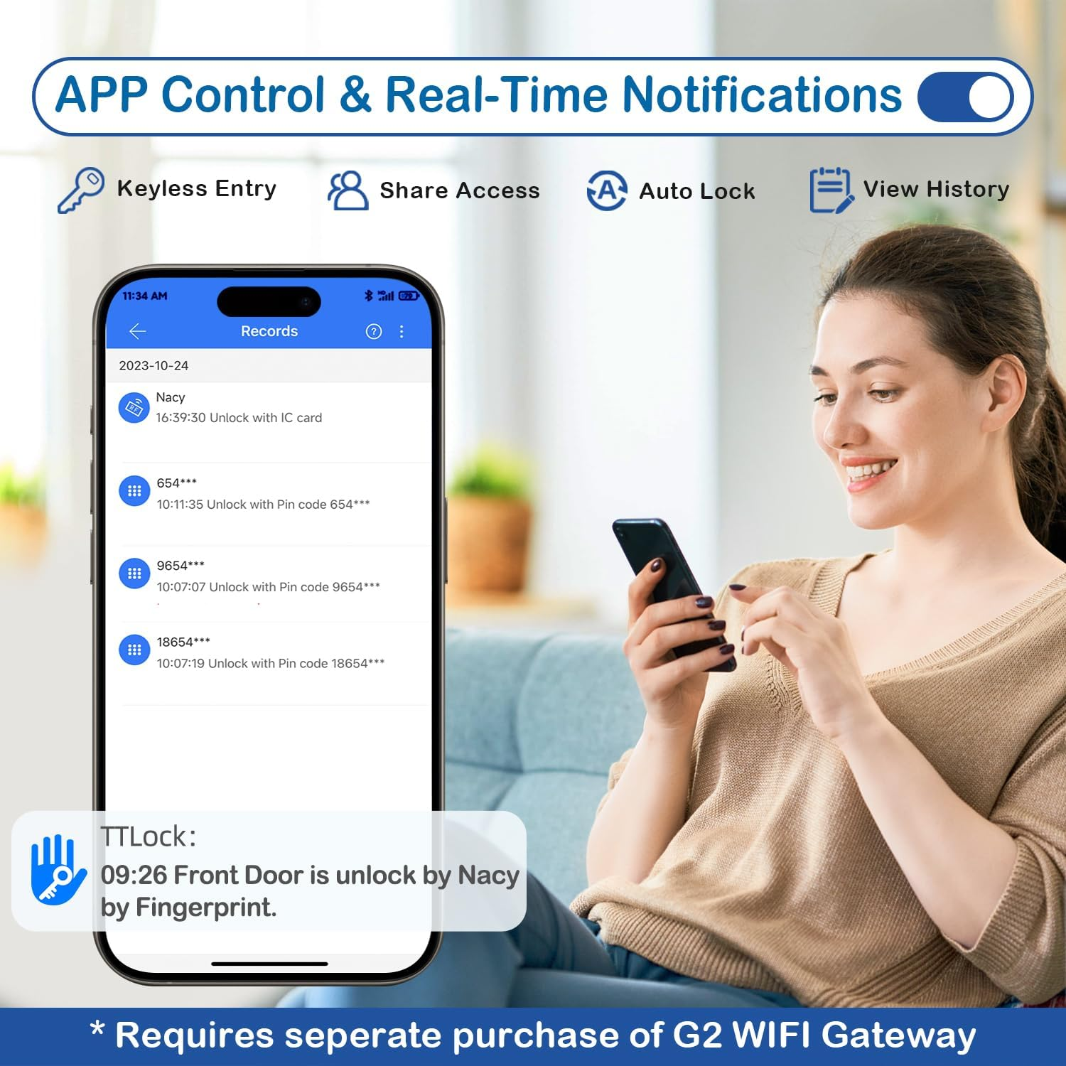 Smart Door Lock with Handle, Keyless Entry Door Locks, 8-In-1 Fingerprint Keypad Deadbolt Lock, Smart Locks for Front Door, Digital Door Knob Lock for Interior, Exterior, Home image number 3