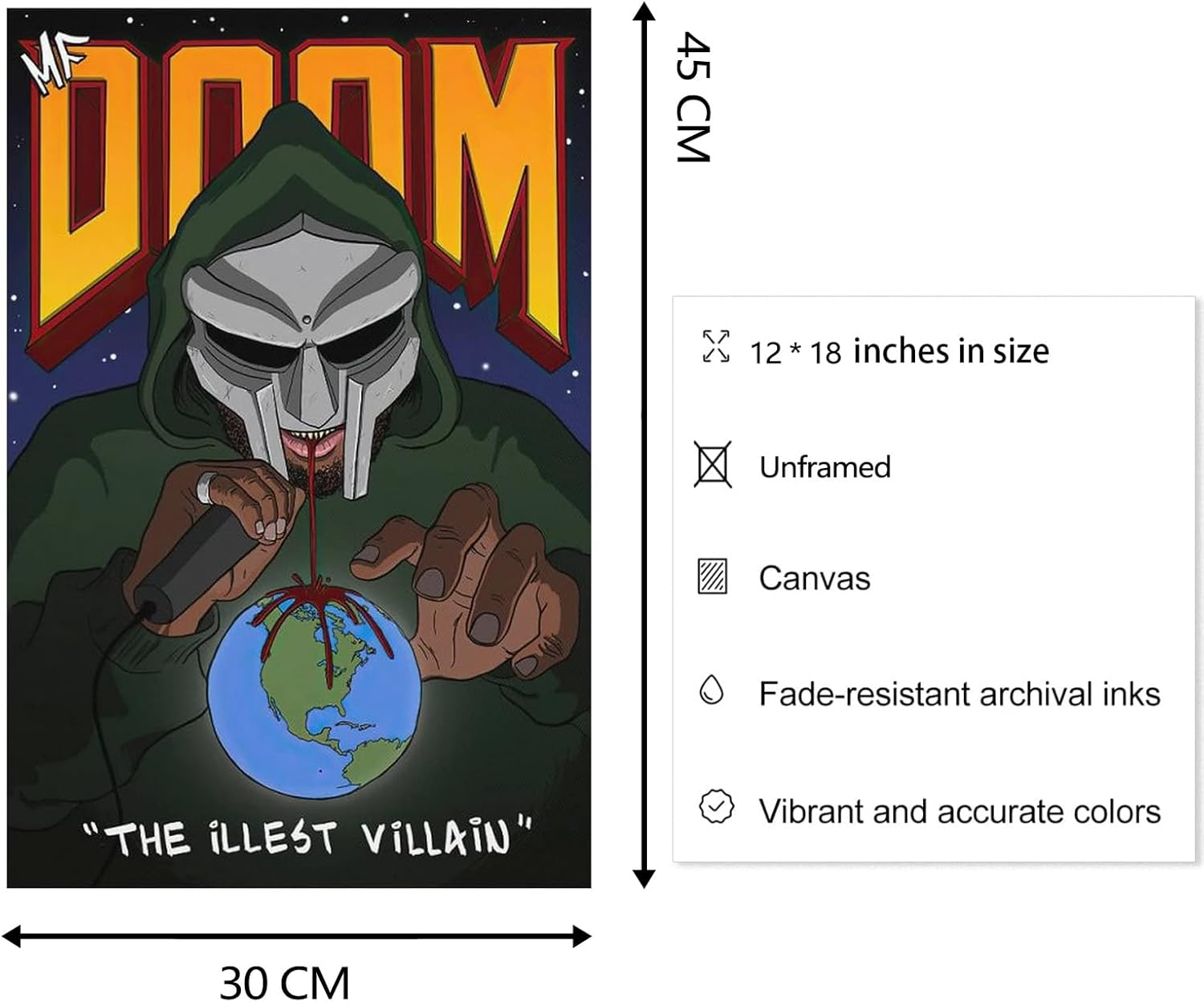 ZIENVE MF Doom Posters for Room Decor, Canvas Rapper Music Album Cover Wall Art Prints Home Decor, 30 X 45Cm Unframed B image number 2