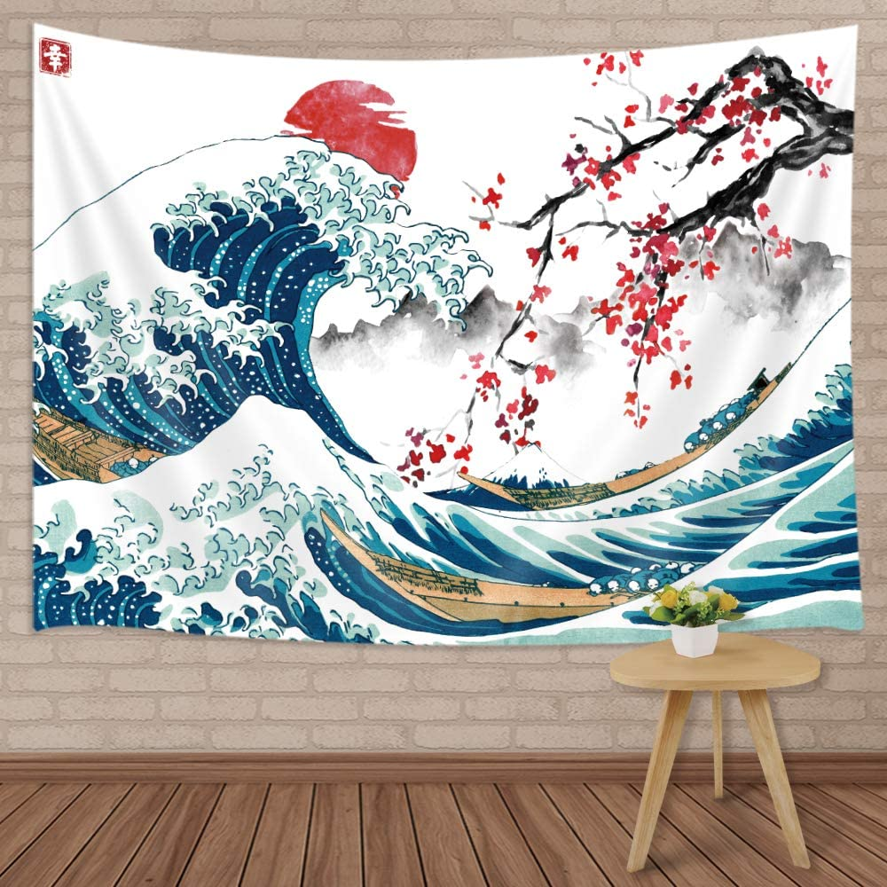 MERCHR Japanese Wave Wall Tapestry, Cool Ocean Wave Decoration, Asian Anime Mount Red Sun Cherry Blossom - 60X40 Inches image number 2