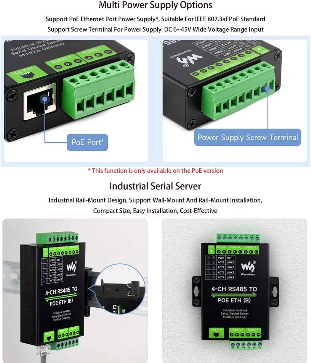 4-Ch RS485 to RJ45 Ethernet with POE Serial Server Adapter Industrial Isolated Serial Module, 4-CH Independent RS485, Support Modbus Gateway/Mqtt/Json, Bi-Directional Transparent Transmission image number 1