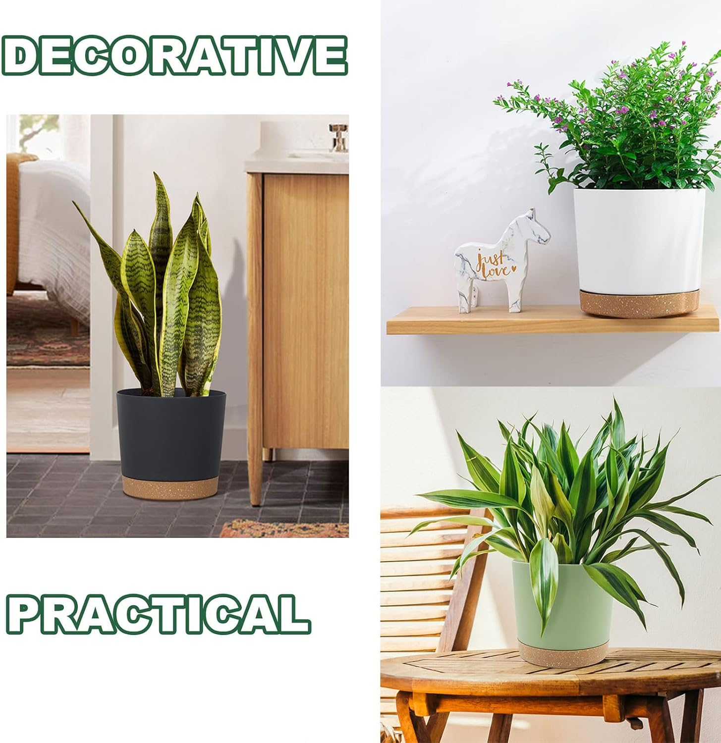 Plastic Flower Pots with Drainage Holes,Set of 3 Planters, Herb Pot with Saucer,Removable Base, round Plant Pot for Indoor and Balcony Succulent Cactus(Three Colors)