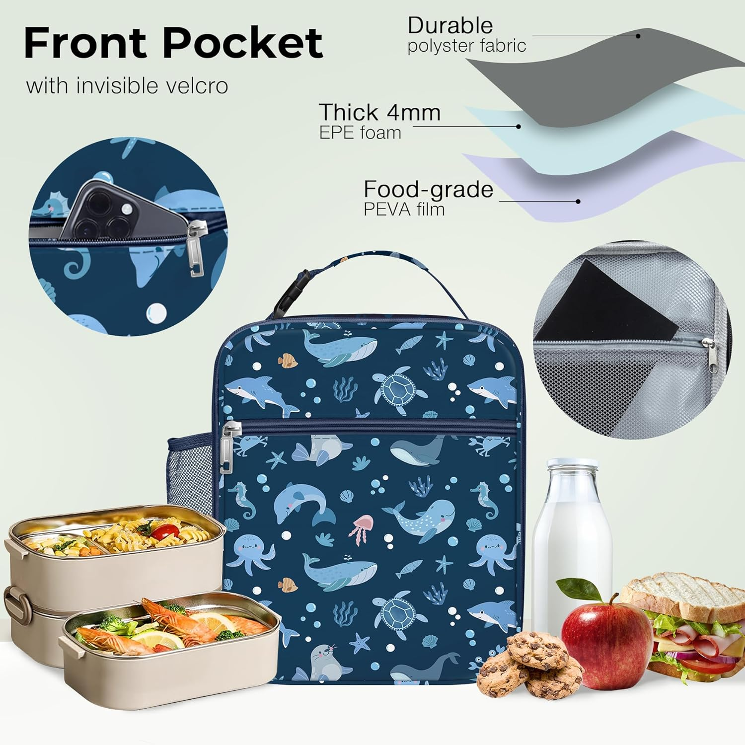 Clastyle Blue Sea Animals Insulated Lunch Bag for Kids, Portable Large Thermal Cooler Lunch Bag for Boys, School Lunch Box Bag with Bottle Holder