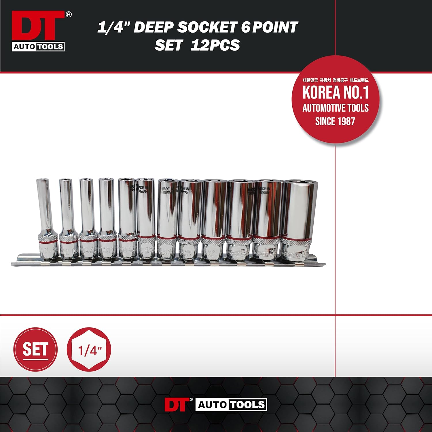 DT Auto Tools 1/4-Inch Deep Socket Set, 12-Piece, 4-14Mm Range, 6-Point Design