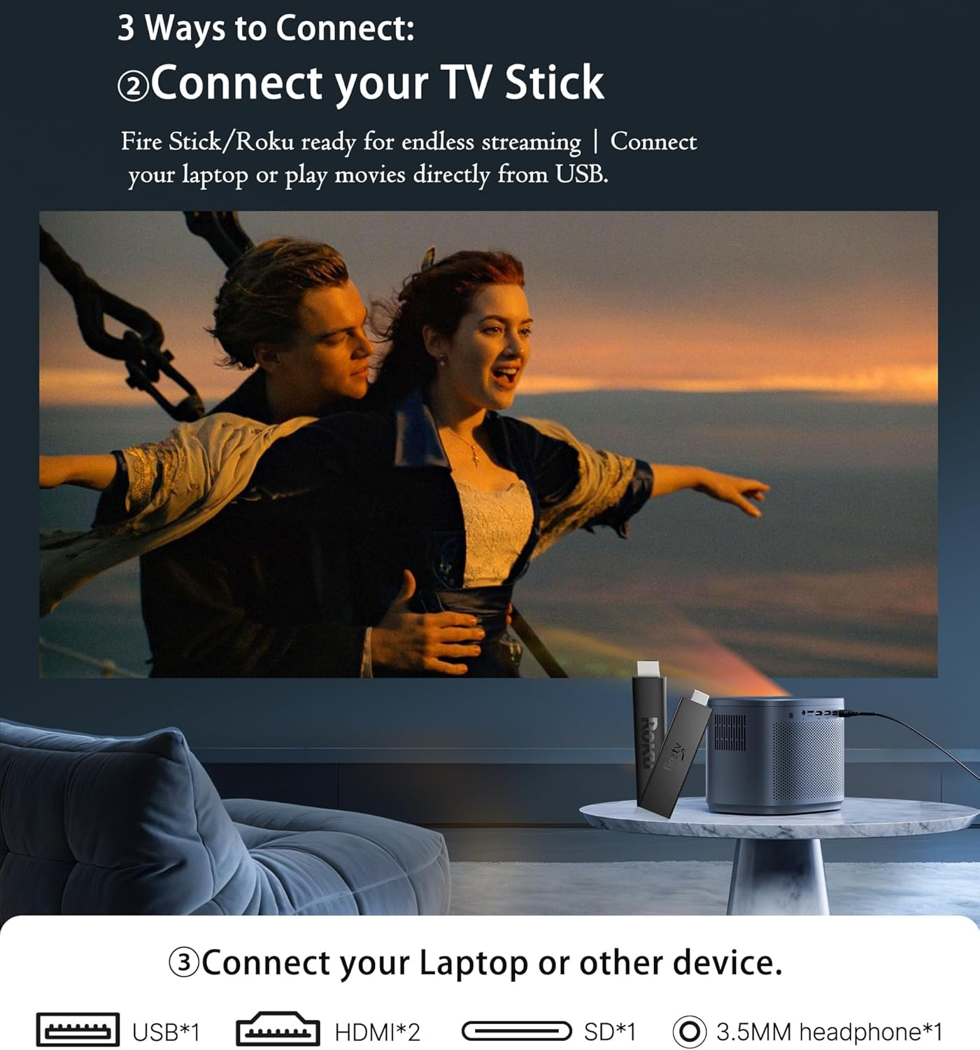 Mini Projector 1080P HD,4K Supported Portable Movie Projector-200&rdquo; Display,Built-In Speaker, Auto Keystone,Auto Focus,Compatible with Smartphone/Tablet/Laptop/Hdmi/Usb-Ideal for Outdoor & Home Theater image number 6