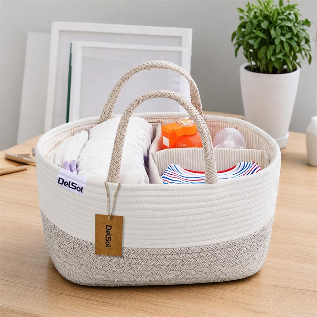 Delsol Cotton Rope Diaper Caddy Organizer, Large Nursery Baby Basket, Changing Table Organizer for Baby Diaper Storage, Portable Car Organizer with Removable Divider, Baby Shower image number 1