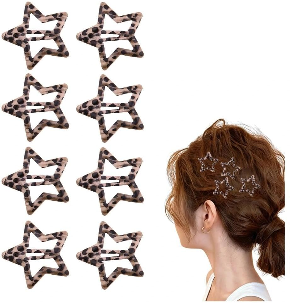 Leopard Print Star Snap Hair Clips for Teen Girls Women Non Slip Clips Barrettes Set of 8 Metal Brown Cheetah Leopard Hairpins Headpiece Aesthetic Edgy Star Hair Accessories image number 2