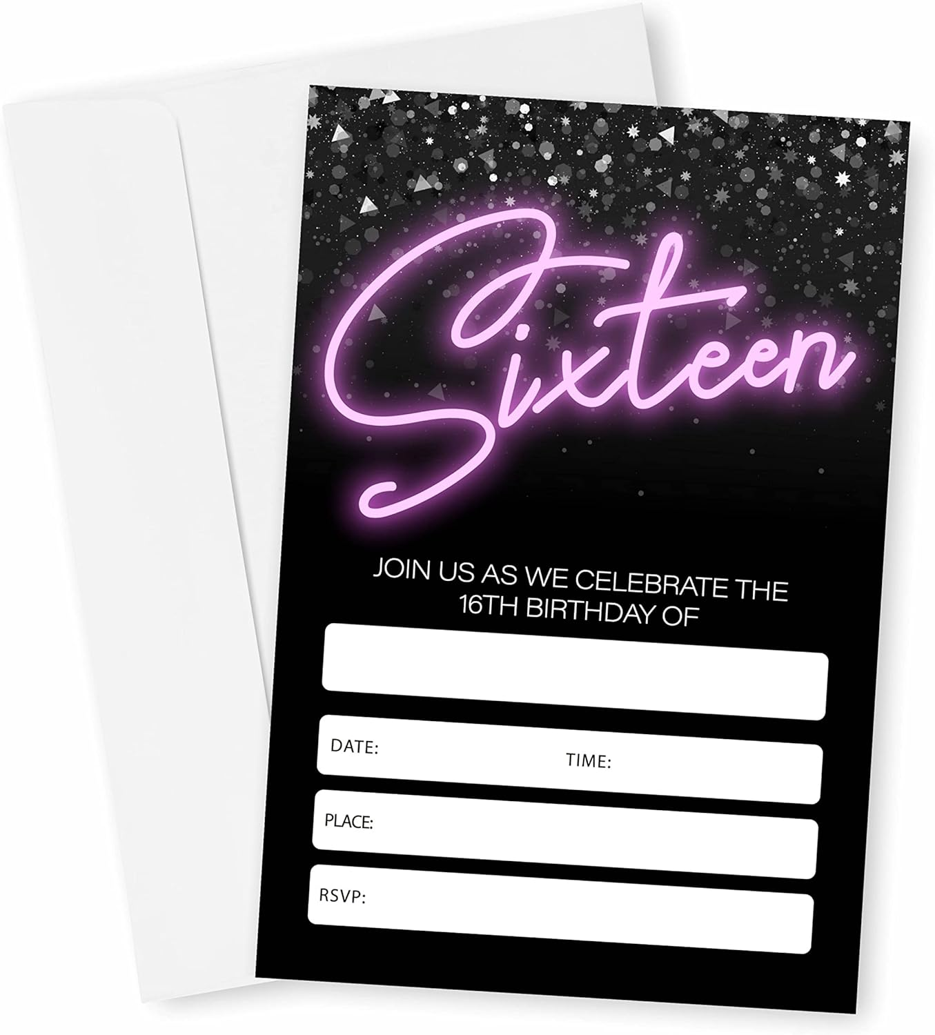 Neon 16Th Birthday Invitations, Glow Theme Birthday Party Invites Decorations, Kids Adults Birthday Party and Events Supplies, 20 Fill-In Invites Cards with Matching Envelopes（Yqk-023） image number 2