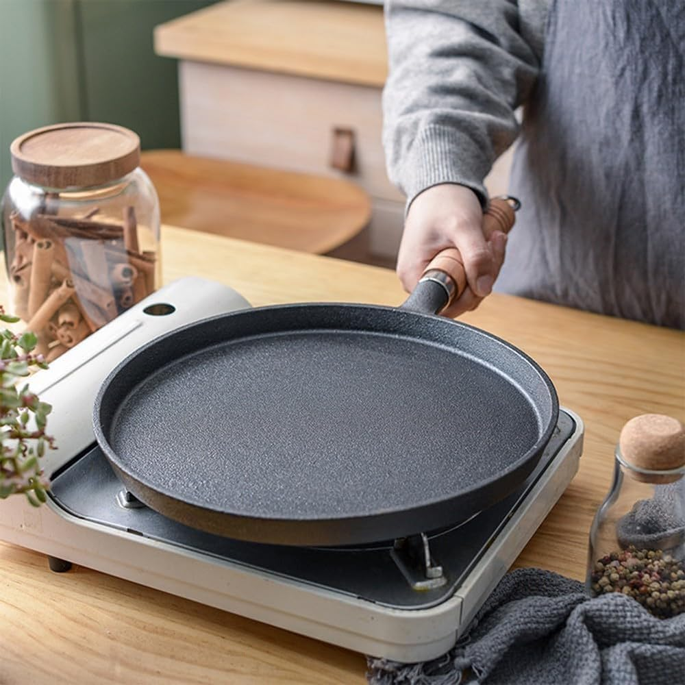 Cast Iron Skillet Pancake Pan round Griddle Thick Nonstick Egg Frying Pan Tortilla Crepe Pans Anti-Scalding Wooden Handle Uncoated 26Cm image number 1