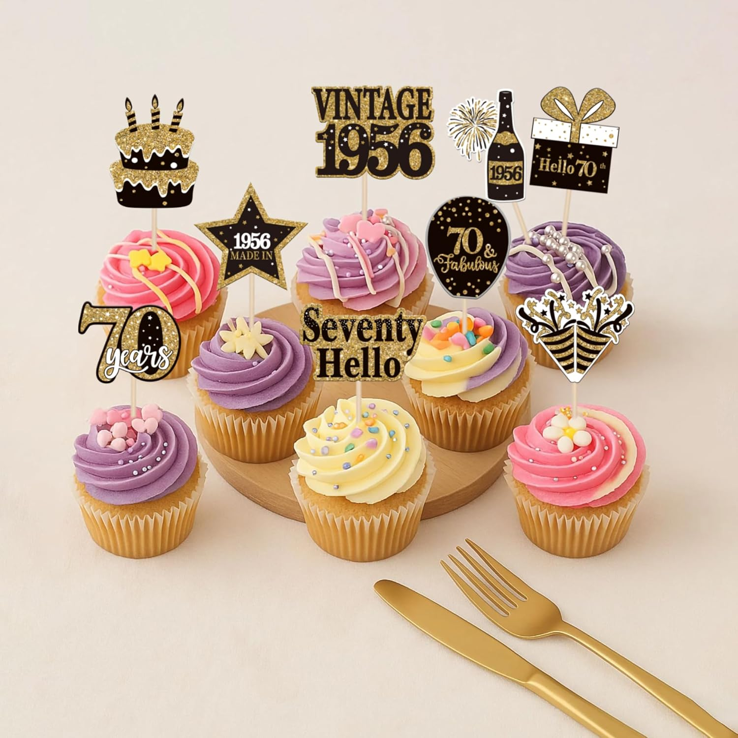 36 Pack Vintage 1956 Cupcake Toppers Cheers to 70Th Birthday Cupcake Picks Hello Seventy Birthday Cupcake Decorations for Happy 70Th Birthday Wedding Anniversary Party Supplies (70Th)