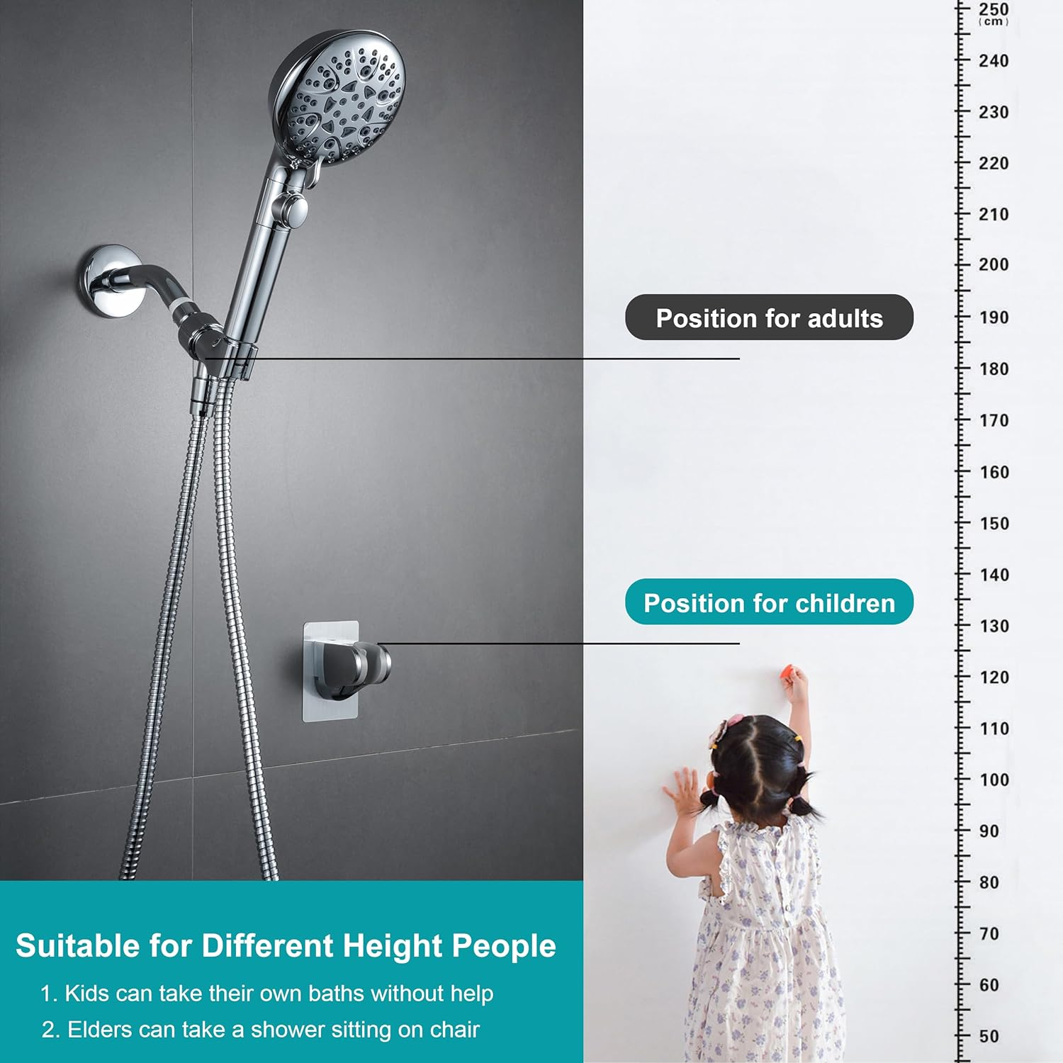 Gwernkb Shower Head Holder Strong Adhesive No Drilling Wall Mount Adjustable Handheld Showerhead Bracket for RV Kids Bathroom Shower,Fix Firmly and Use Conveniently (Silver, 1) image number 6