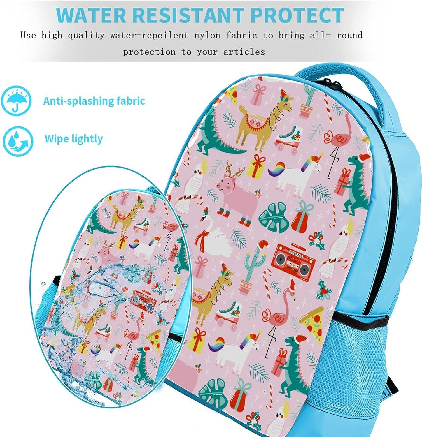 Blue Backpack Boy Bookbags Rucksack Men Travel Handbag Daypack Alpaca Dinosaur Flamingo Pig Pink image number 3