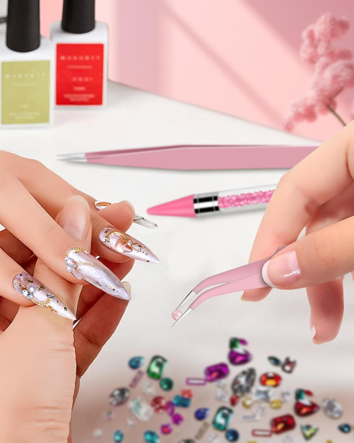Difenni Rhinestone Picker Tool Set,Rhinestone Applicator Tool,Rhinestone Picker Dotting with 4 Extra Pink Replaceable Wax Head and 2 Tweezer (Pink)