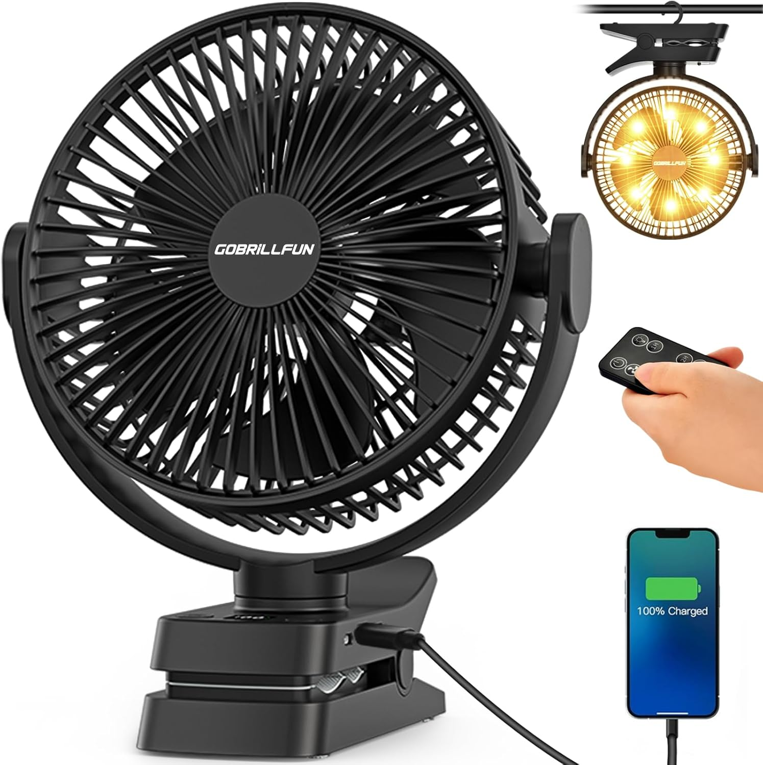 GOBRILLFUN 8.3 Inch 12000Mah Clip Fan with Remote Control, USB Rechargeable with LED Lights, 5 Speed Fan with Battery Operated for Office, Outdoor Travel, Camping, Tent