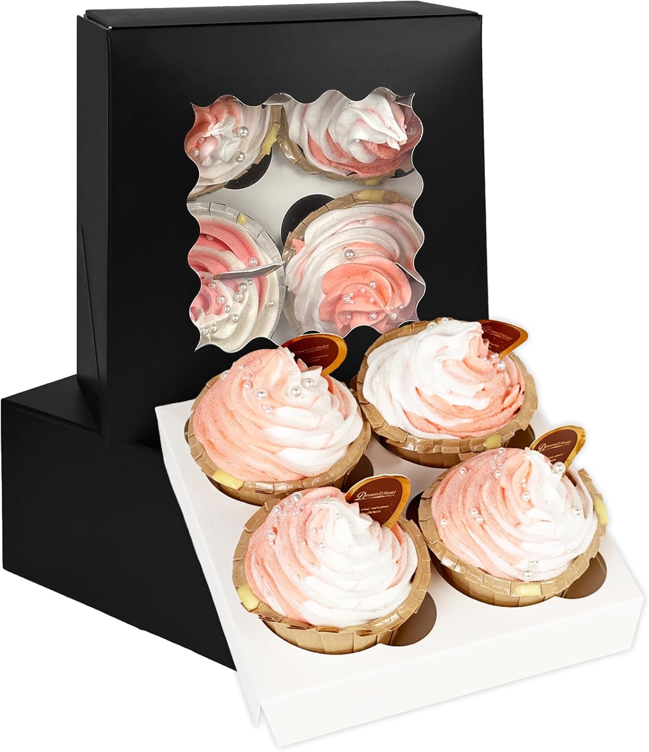 Qiqee Black 4 Cupcake Boxes with Window 12 Packs Cupcake Box 16X16X7.6Cm Bakery Boxes for Cupcakes Carrier, Cupcake Containers (6.3"X6.3"X3" Inch, Auto-Pop Up) image number 2