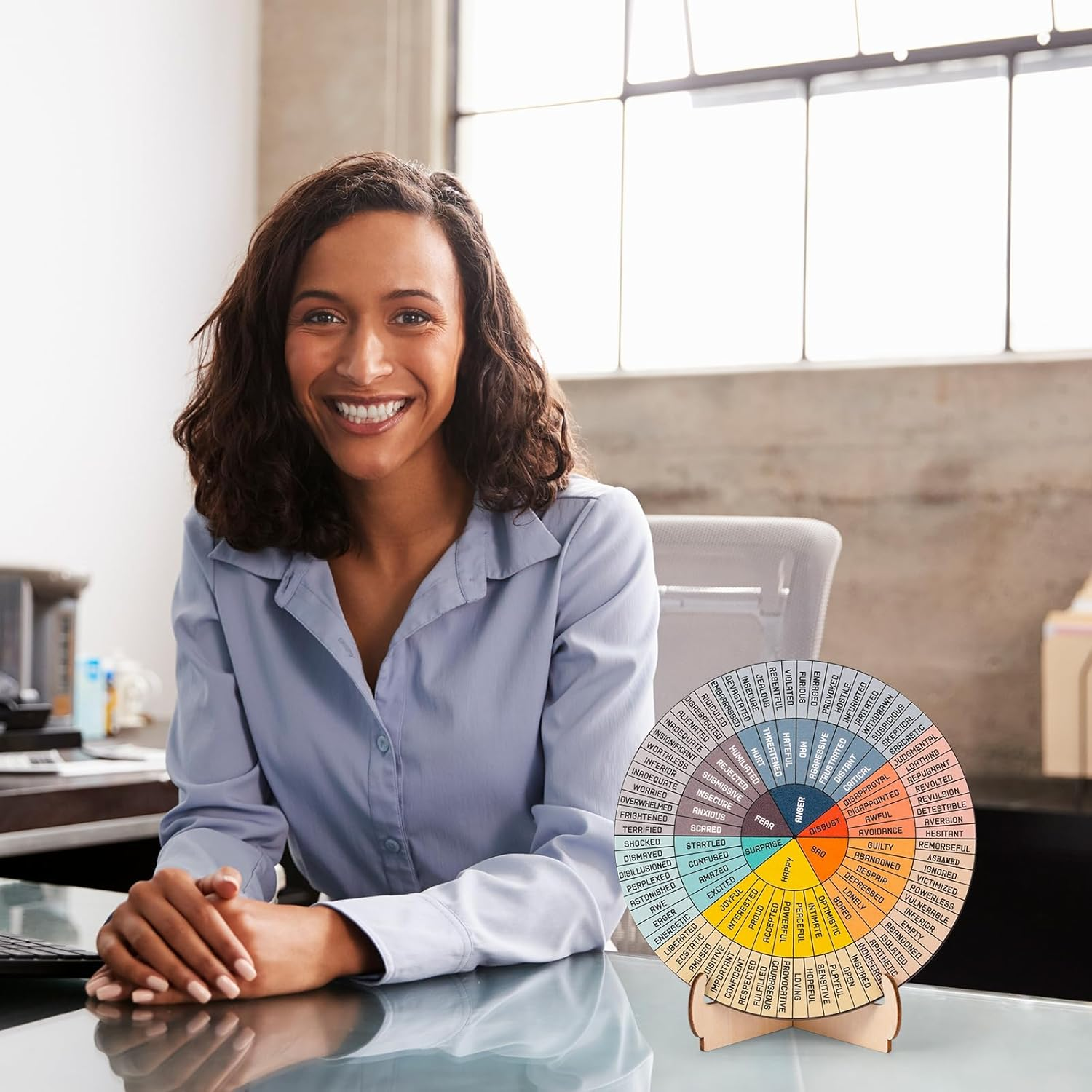 Giftacity Feelings Wheel Therapy Office Desk Decor - Double Sided Mental Health Office Emotions Chart with Stand, Therapist Gifts for Home Office Women Man, FWOD01 image number 2