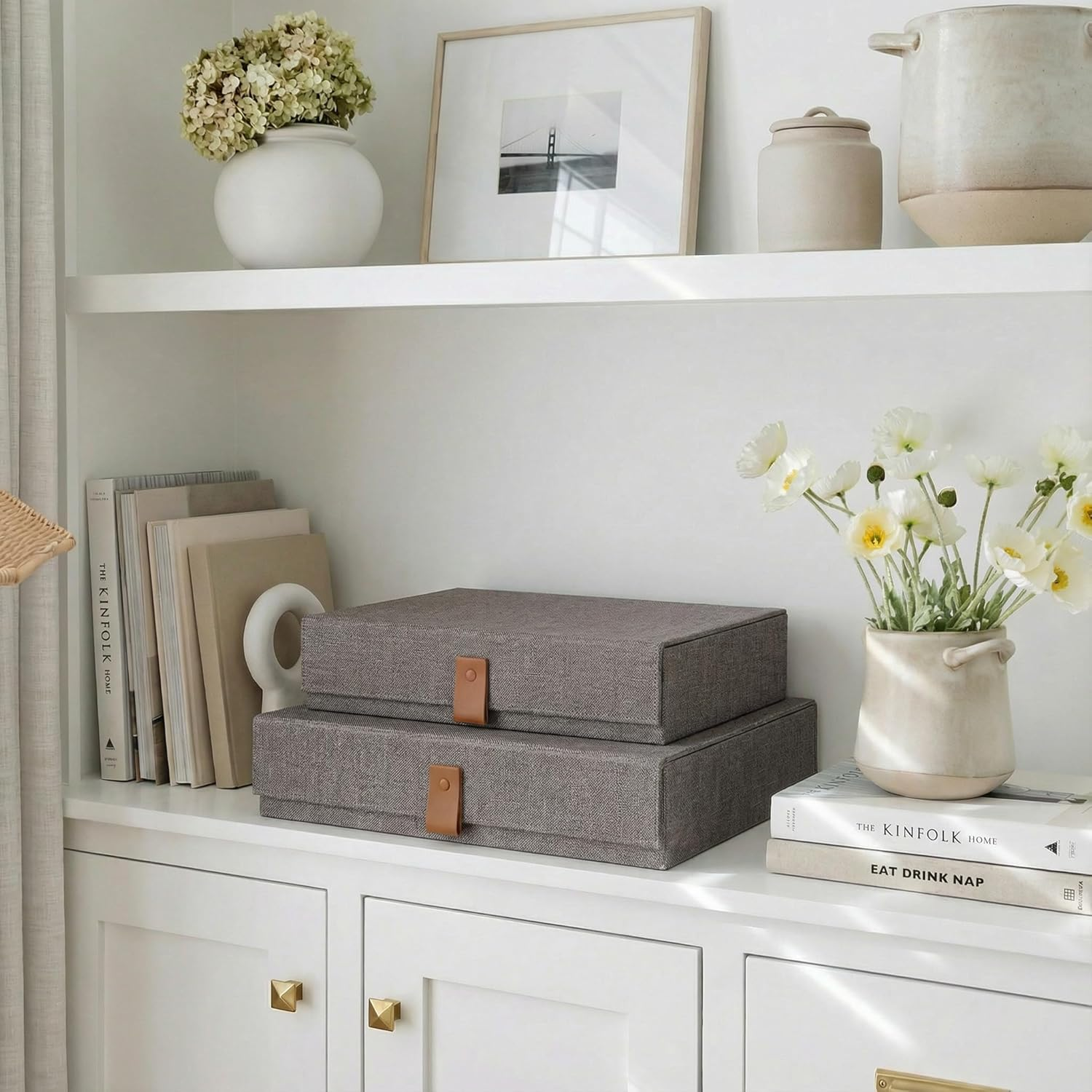 Decorative Photo Storage Boxes with Lids - Set of 2 Beautiful Linen Organizers Are Perfect to Safely Store Your Pictures, Documents, Scrapbooking Supplies, Keepsakes and Other Memories in Style image number 2