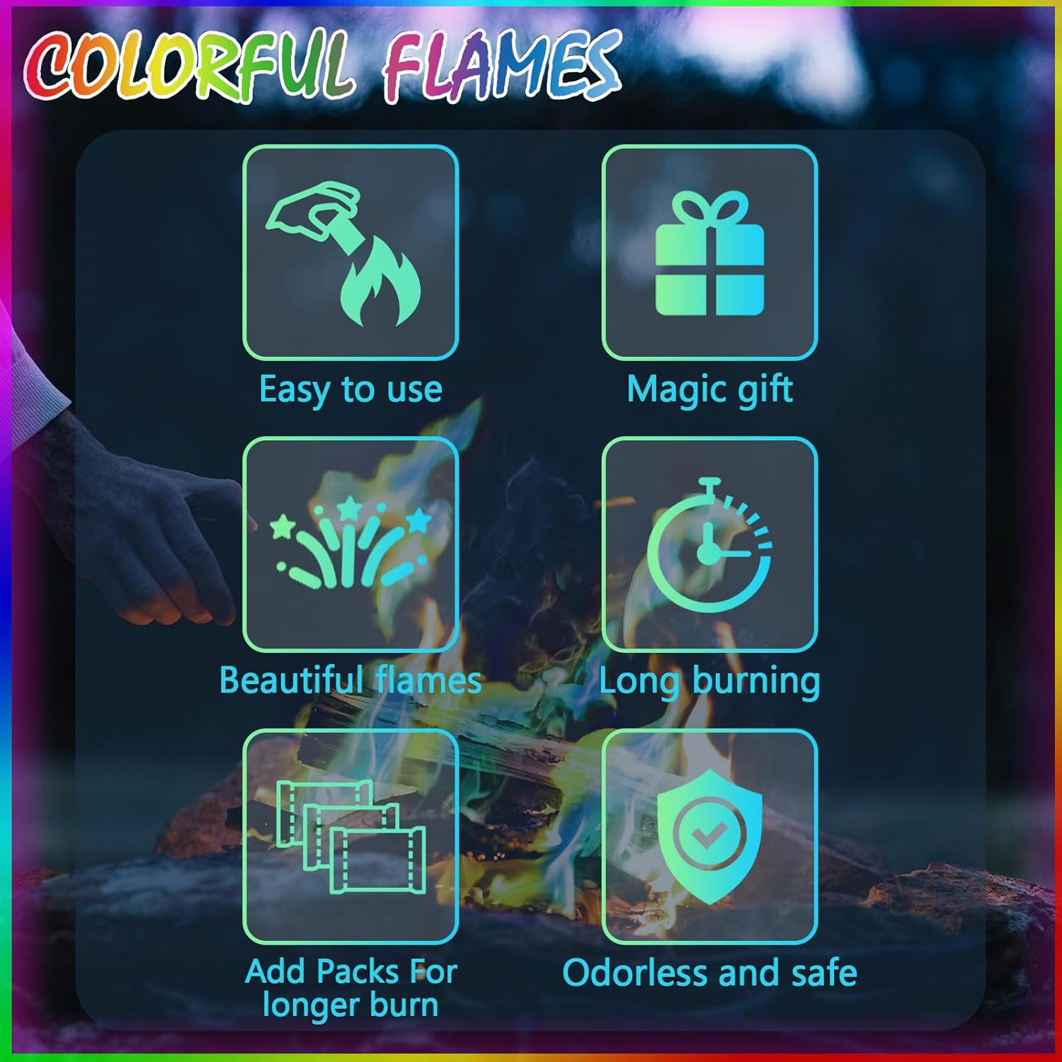 Fire Color Changing Packets [12Pack]，Color Fire Packets for Outdoor Campfires, Fire Pits, Fireplaces, Colorful Flames, Long Burn Time, Safe, Magic for Child