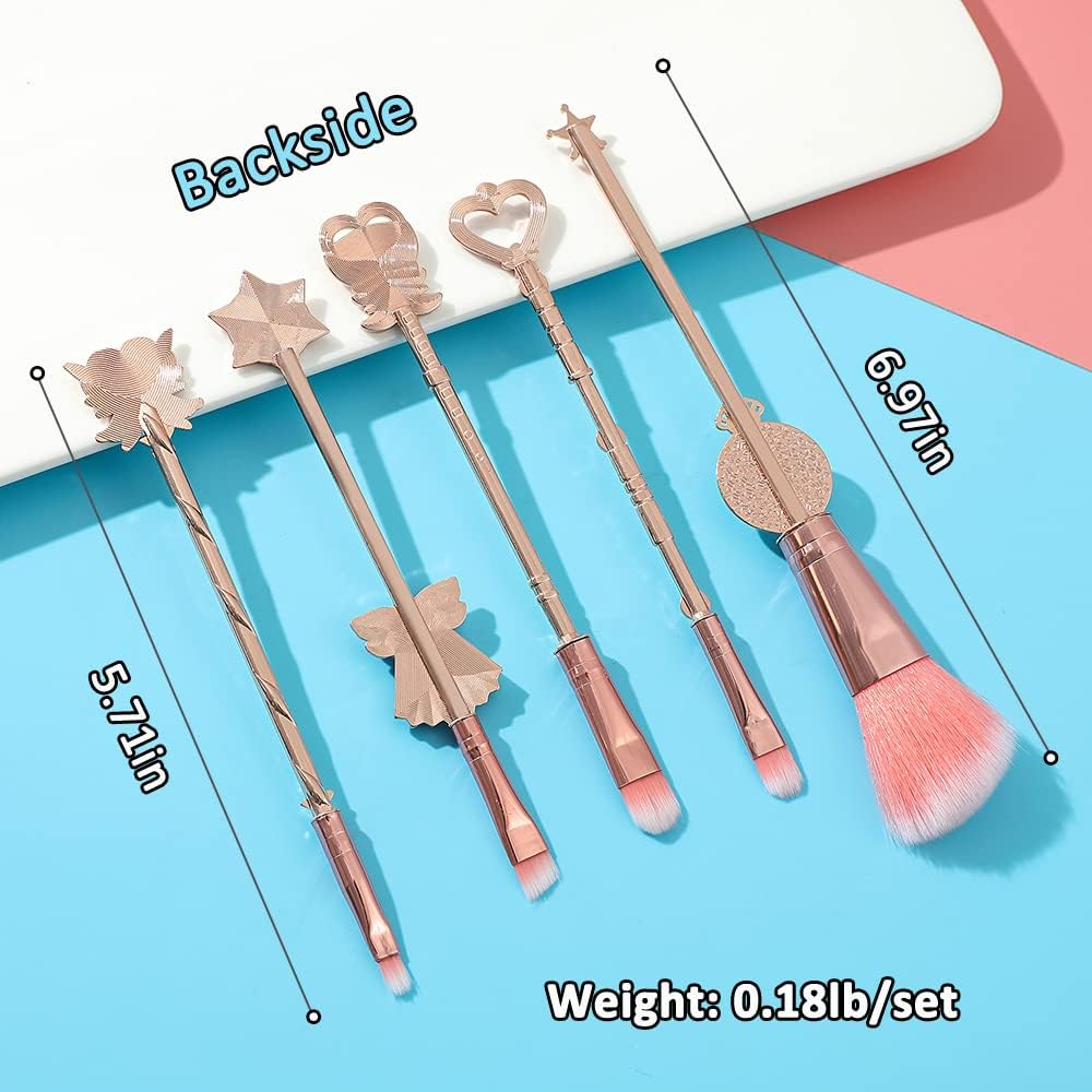 Rongji Jewelry Kawaii Sailormoon Makeup Brushes - 8Pcs Anime Magic Wand Brush Set with Pink Pouch, Professional Foundation Powder Flat Eyeline Blush Kit for Girl Women Fans (Pink 5Pcs)