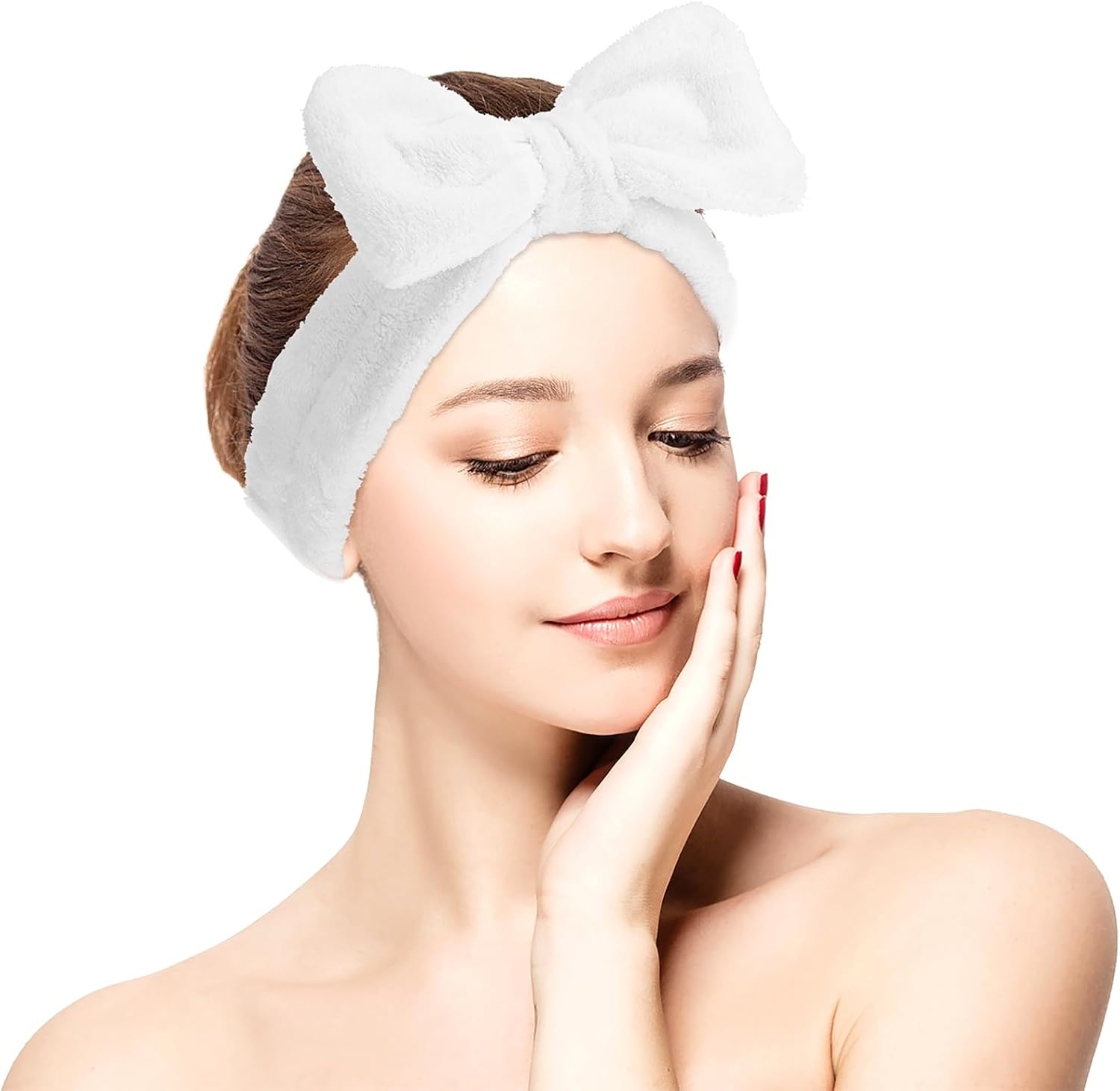 Spa Bowknot Headband Women'S Spa Hair Band Cosmetics, Coral Fleece Makeup Hair Bands Elastic, Cosmetic Headband Wide Brim Coral Fleece Washing Face Head Wrap for Shower Skin Care Sports (White) image number 4