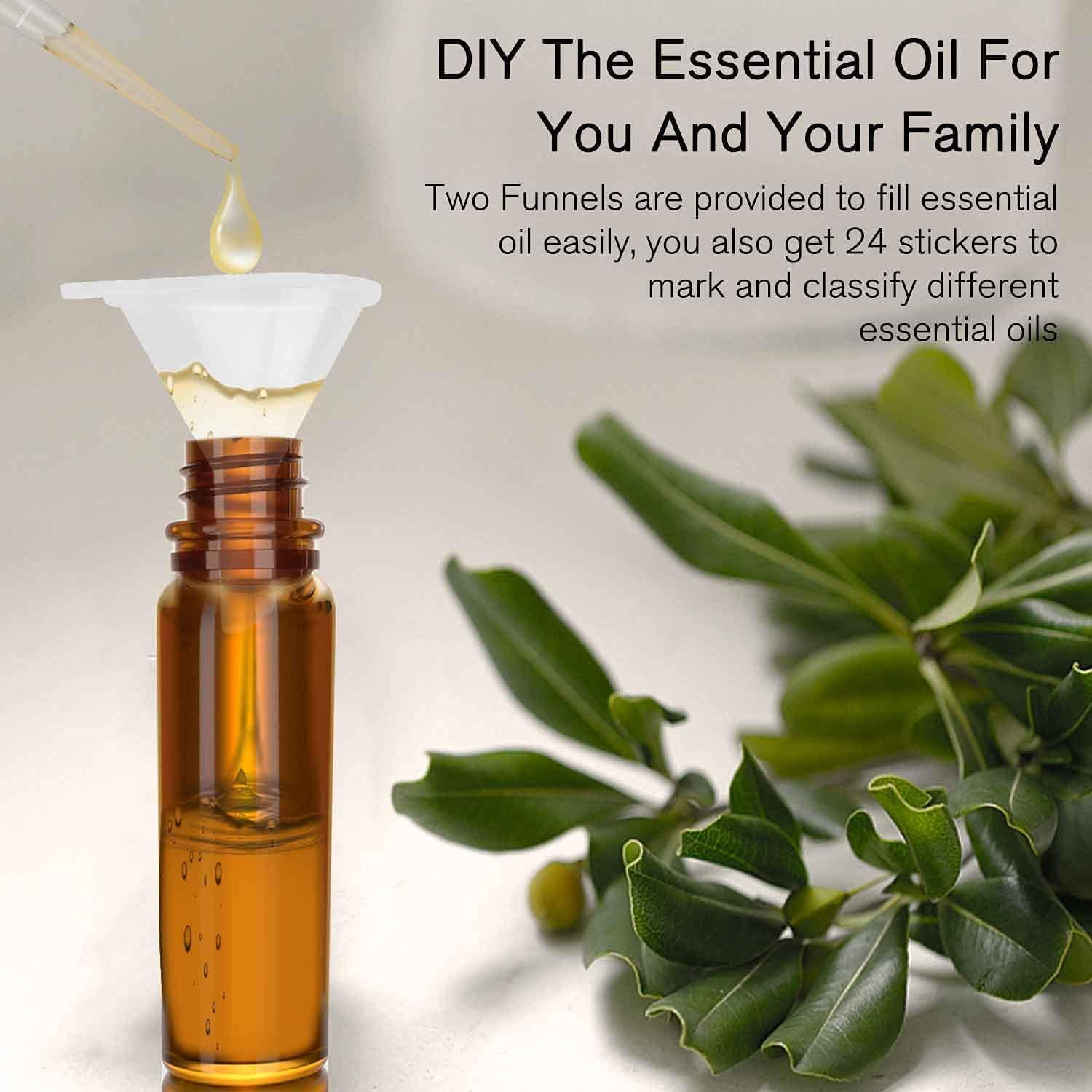 JOWILIN Essential Oil Roller Bottles, 4 Pcs 10Ml Glass Perfume Bottles with Opener, Pipette, Funnel, Labels, Travel Refillable Roll on Empty Bottles Set, Reusable Bottle with Gold Cap (Amber) - Amber image number 4