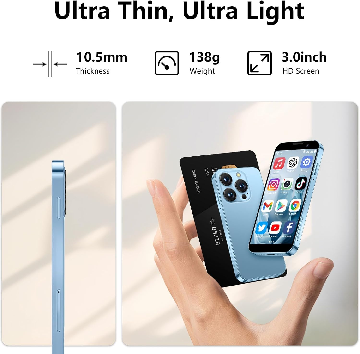 3.0&rdquo; HD Touch Screen Mini Smartphone, Unlocked Android Mini Phone, Face Recognition, Dual SIM, Wifi, GPRS, Ultra-Thin Body for Kids Phone, Cell Phone with Quad-Core Pink - Black image number 3