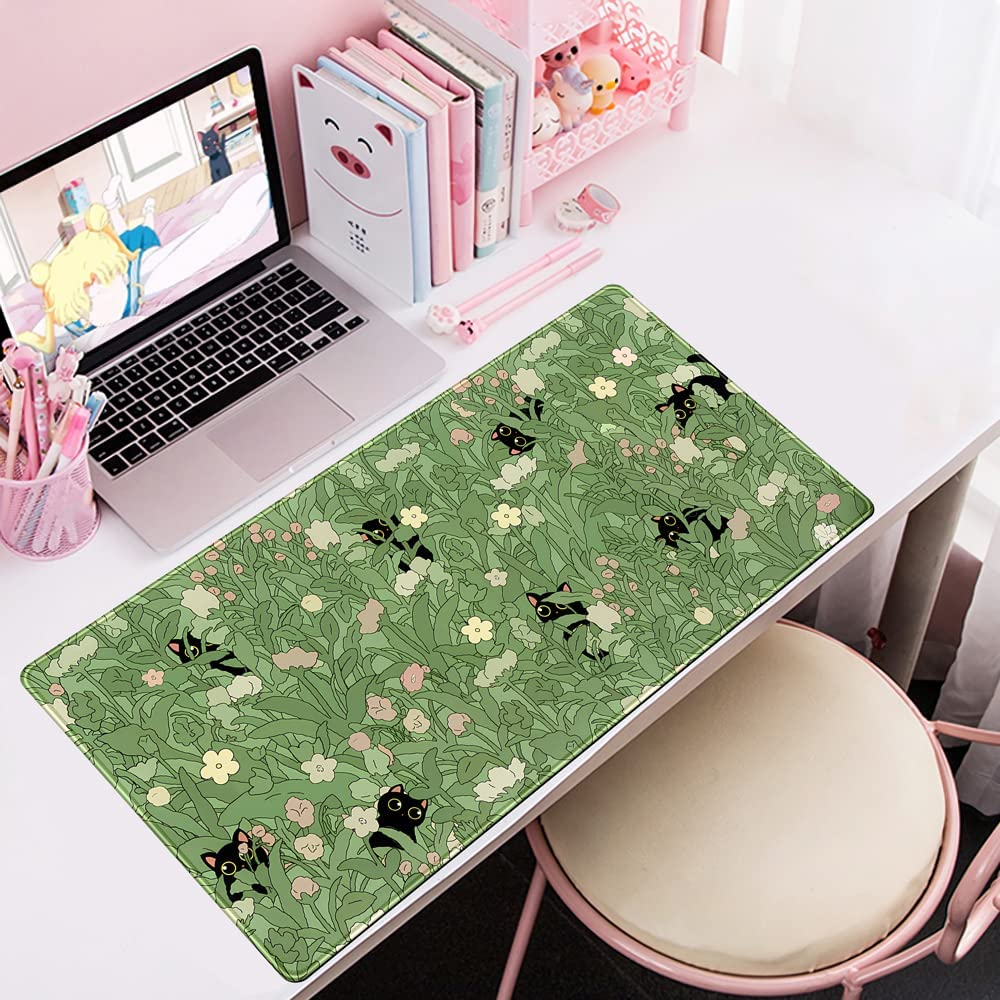 Green Mouse Pad XL Cat Cute Plant Cool Keyboard for Desk, Mat Kawaii Black Flower Desk Decor with Stitched Edges Non-Slip Large Computer 31.5X15.7In, B-Cat in the Meadow