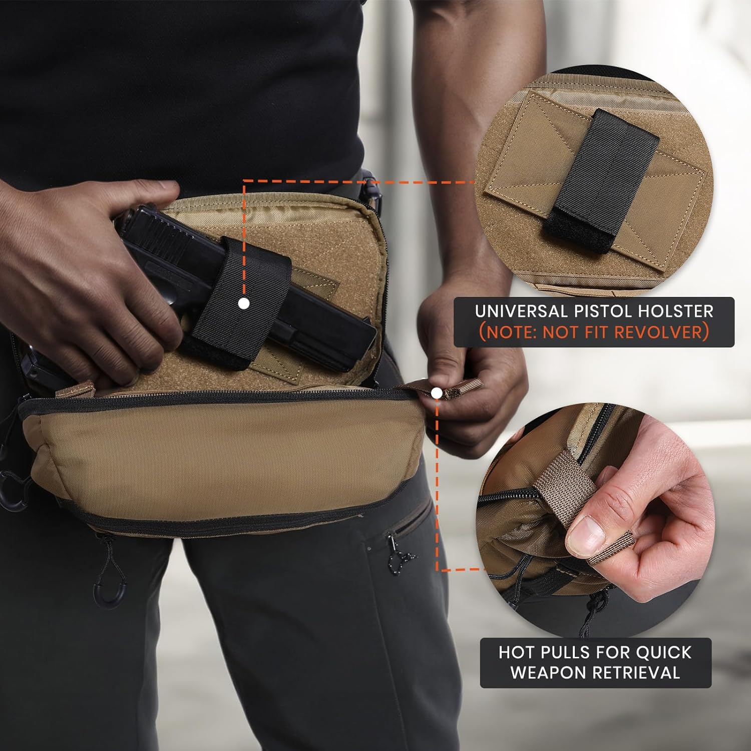 Tactical CCW Fanny Bag, Concealed Carry Fanny Pack W/Adjustable Waist Belt Tactical Waist Bag Handgun Pouch with Universal Pistol Holster, Everyday Hip Pack for Men Travel Outdoor image number 5