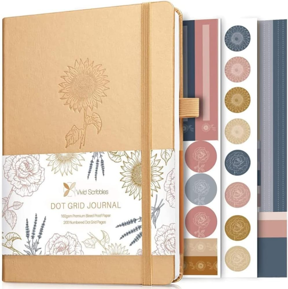 VIVID SCRIBBLES Dotted Journal &ndash; 160Gsm No Bleed Thick White Paper &ndash; 200 Numbered Dot Grid Pages &ndash; A5 Dotted Bullet Notebooks Includes a Gift Box and Journal Stickers