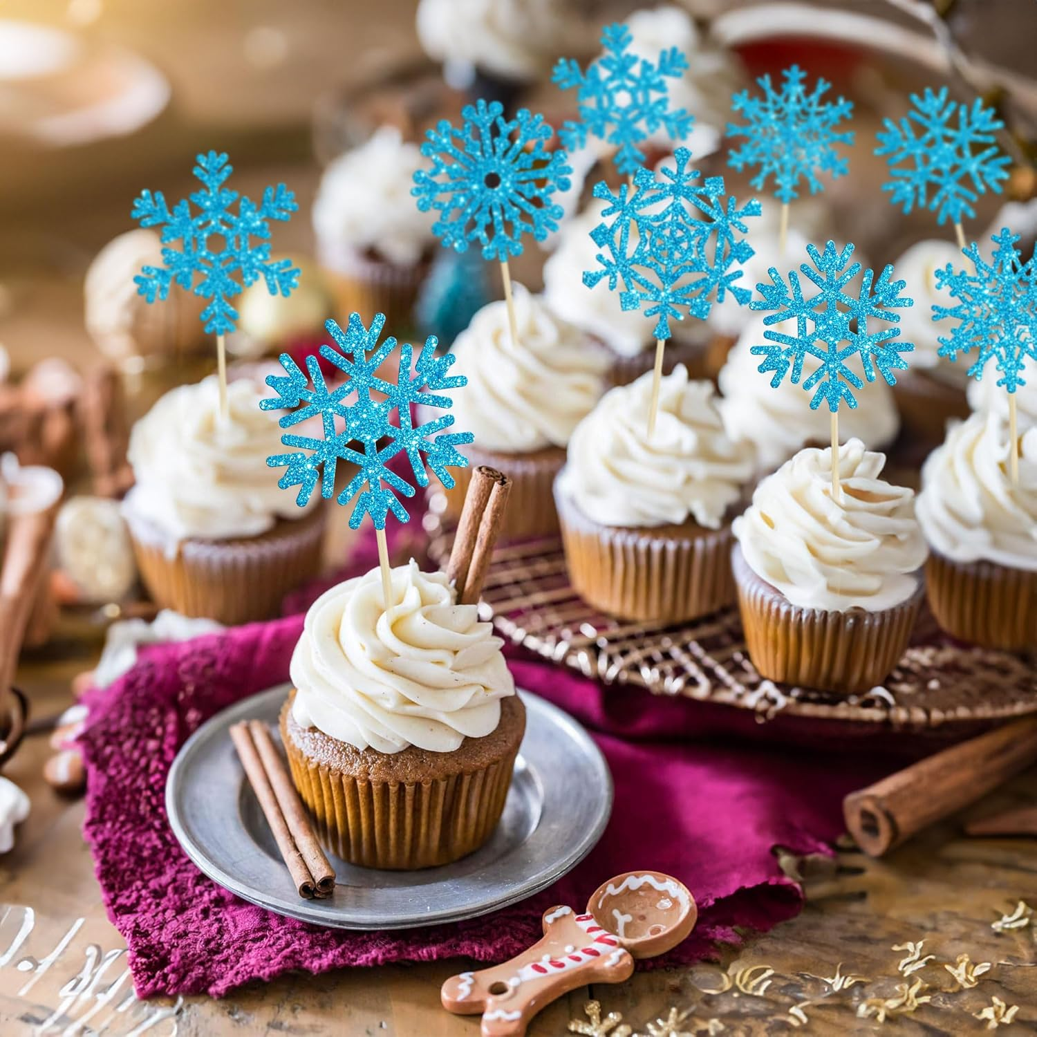 Gyufise 30Pcs Snowflake Cupcake Toppers Blue Glitter Winter Frozen Cupcake Picks Winter Wonderland Cake Decorations for Snowflake Winter Christmas Kids Birthday Party Supplies image number 7