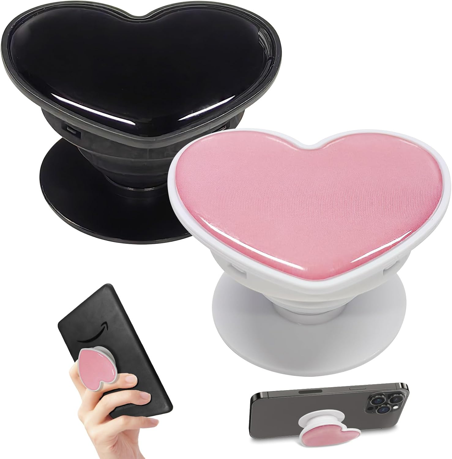 T Tersely 2Pack Cell Phone Holder for Kindle, Cute Heart Shape Collapsible Stand Expandable Multi Functional Mobile Phone Grip Stand Holder for Smartphone Tablet Cell Phone Accessory (Black+Pink)