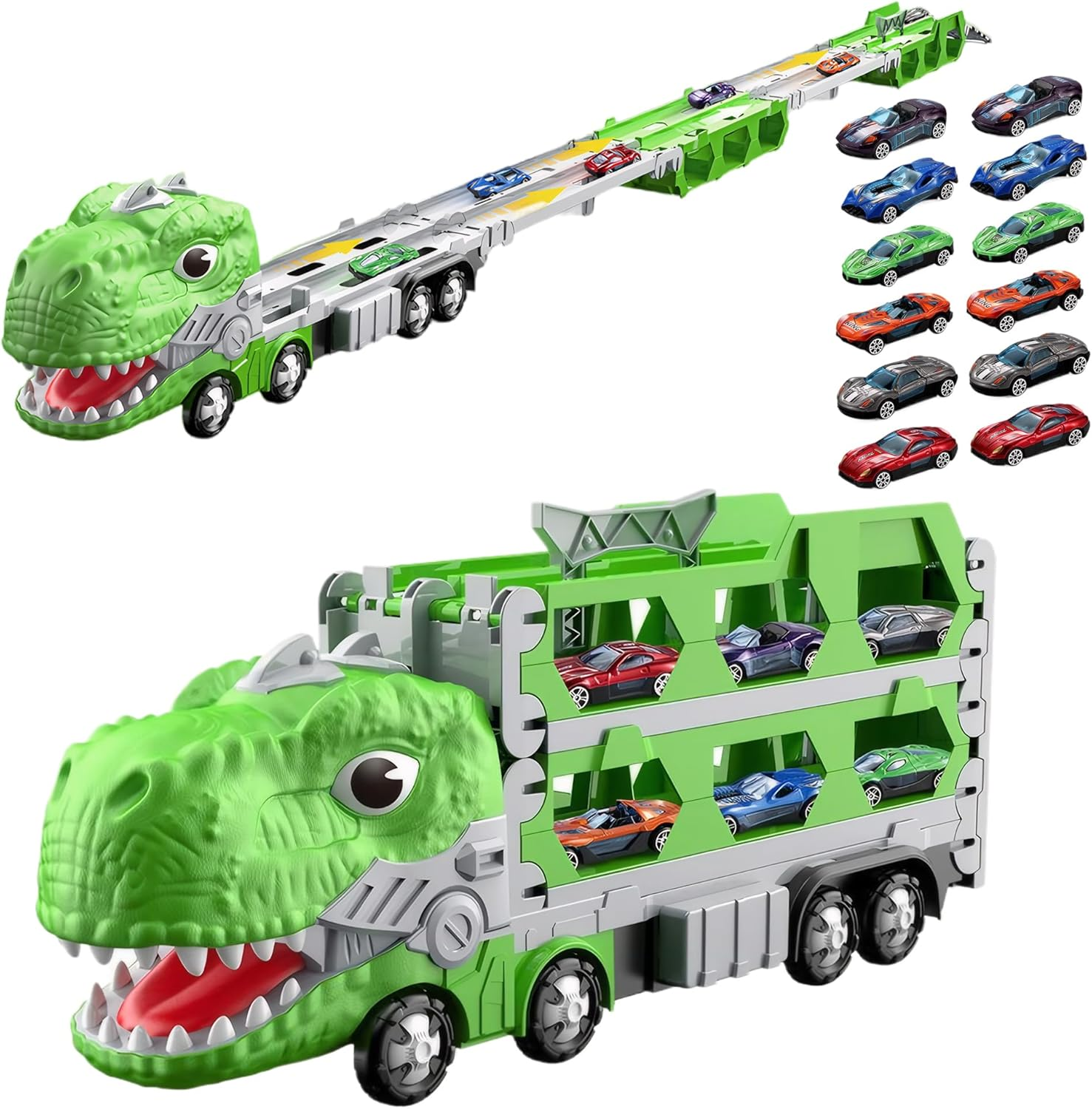 Foldable Race Track Dinosaur Truck Toy with 12 Metal Toy Cars for Kids Age 3-8