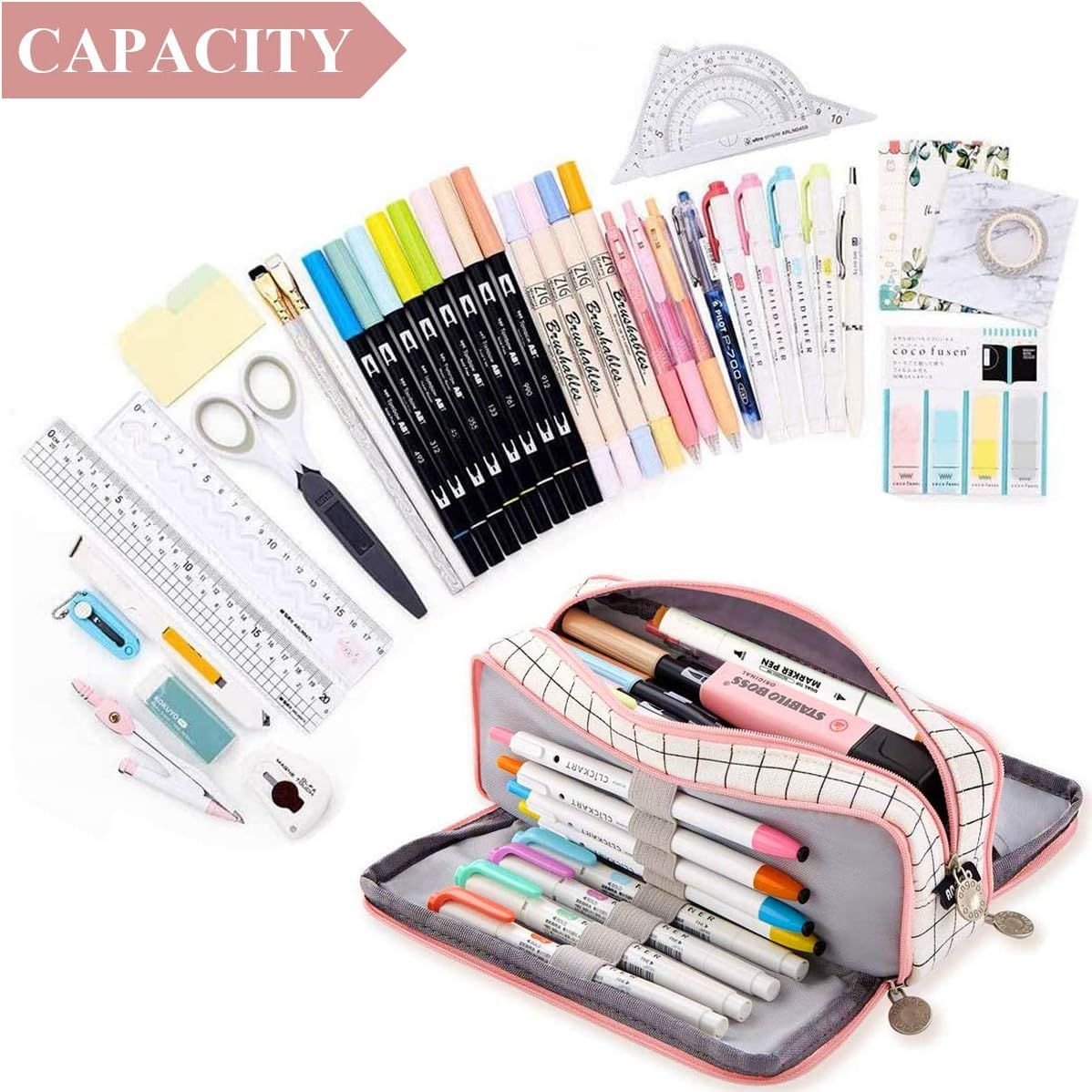 Sebeli Pencil Case Big Capacity 3 Compartments Pouch Stationery Art Pen Bag for Girls Teens Students School & Office Supplies - Plaid White - Cactus image number 2