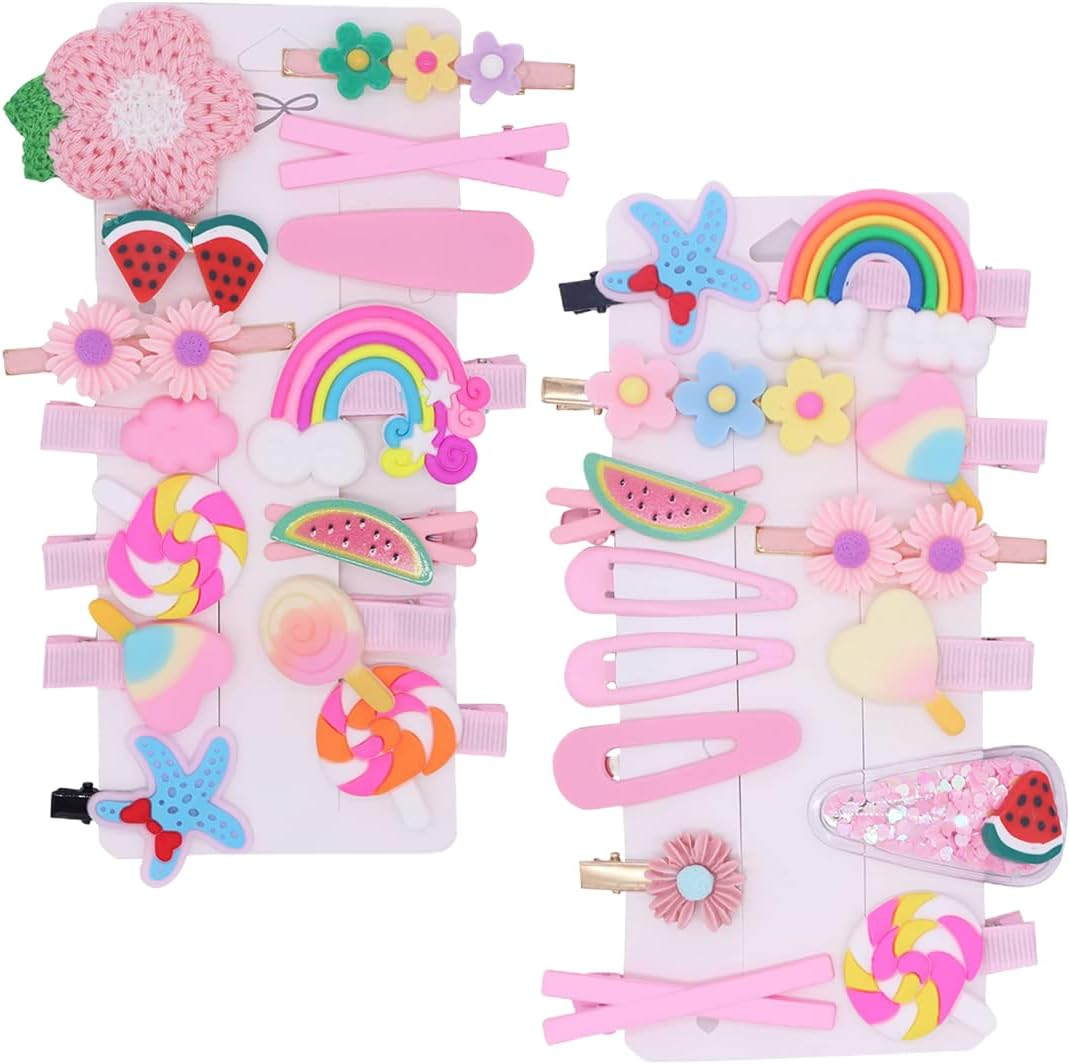 YOCDNOV 28 Pack Cute Hair Clips - Fashion Hair Accessories for Girls, Flowers, Fruits, Sweets, Desserts, Sweet Birthday Party Gifts (Pink Knitted Flowers + Pink Starfish) image number 1