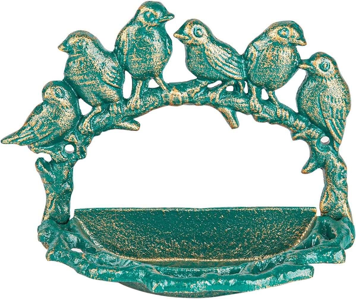 Sungmor Cast Iron Wall-Mounted Bird Feeder, Cute Hummingbird Decor Small Water Bath, Wall Hanging Fence Bird Bath Feeder, Beautiful Green Birdfeeder for Garden Backyard Patio Decoration