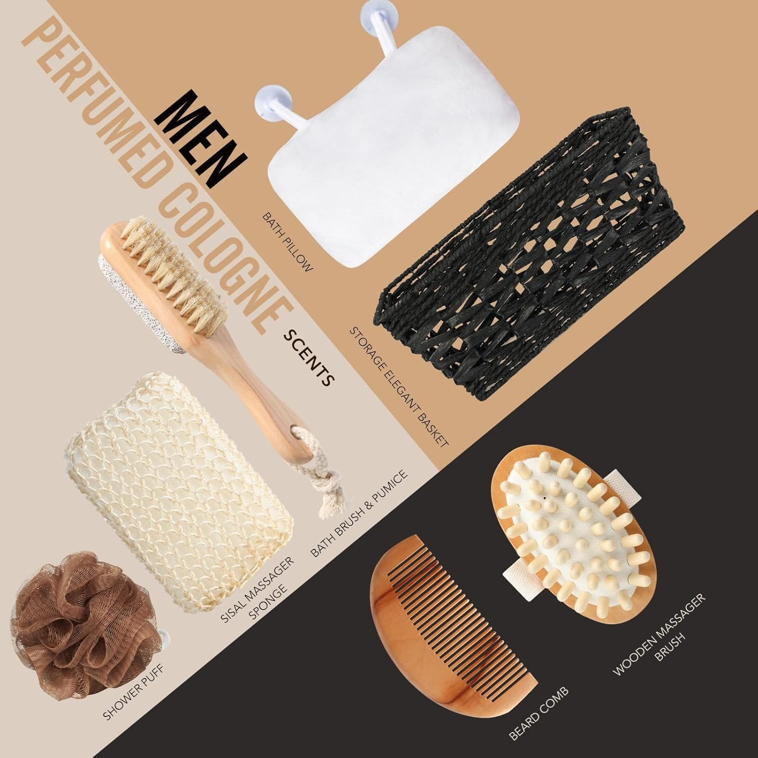 Bath Perfume Gift Set for Men, 14 Pcs Spa Basket with Classic Perfume Kit, Personal Self Care Shaving Kit Relax Included Scubber Sisal, Epsom Salt, Beard Oil, Comb, Razor, Bath Pillow More image number 2