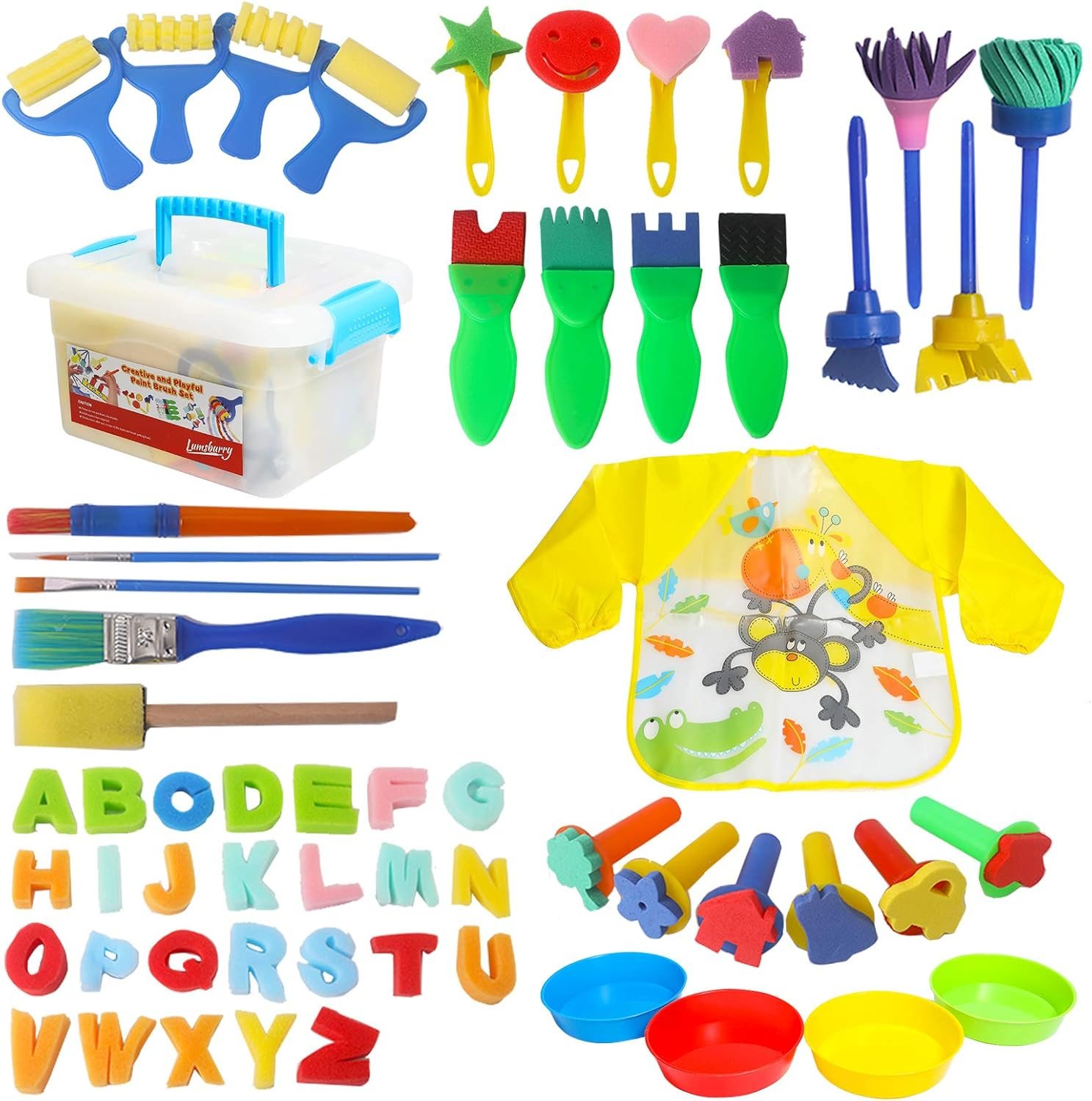 Lumsburry 59Pcs Kids Art & Craft Early Learning Painting Sponges Stamper Mini Paint Brushes Kit with 26 English Alphabets Drawing Tools (With Apron&Box) image number 5