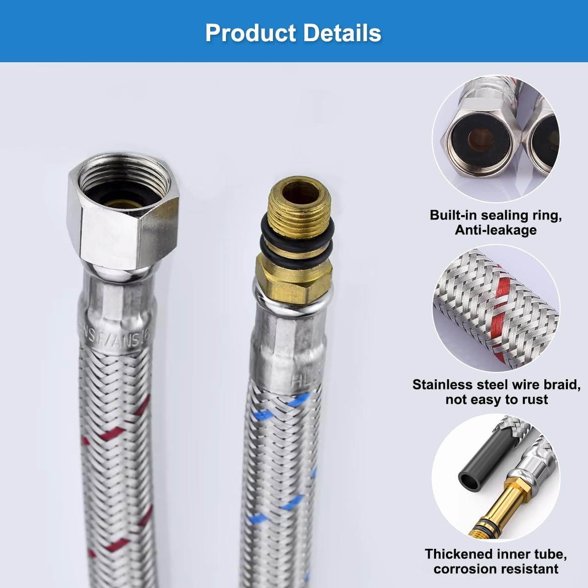 Pack of 2 80 Cm Tap Connection Hose G3/8 X M10, Hot and Cold Water Tap Connection Extension with Sealing Tape, Stainless Steel Braided Flexible Hose Fitting, Suitable for Kitchens and Bathrooms image number 2