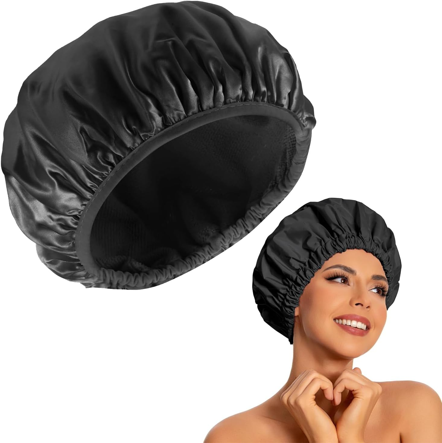 Shower Caps for Women,Triple Layer Shower Cap with Dry Hair Function,Waterproof Showers Cap,Terry Cloth Lined Reusable,Practical Bathing Accessories,Soft Wrap for Long Thick Hair(Black) image number 5