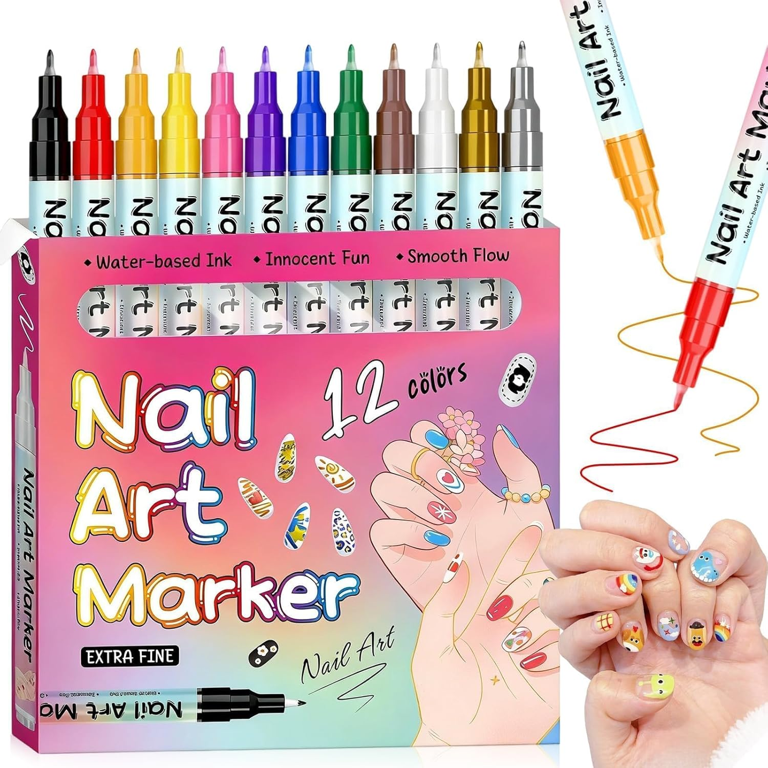 12 Colours Water-Based Acrylic Nail Art Pens Set - 0.5Mm Fine Tip Paint Markers for DIY Manicure - Quick Dry & Waterproof Nail Pens - Salon Quality Nail Design Tools for Women image number 1