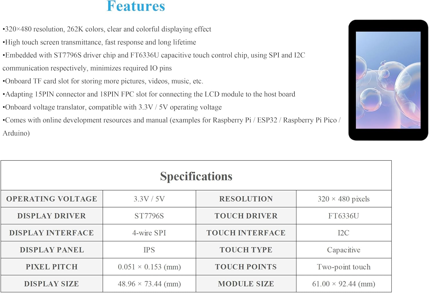 3.5Inch Capacitive Touch Screen Compatible with Raspberry Pi 5/4B/3B+/Zero/Zero W/Zero 2W/Pico/Pico W/Pico 2/Pico 2 W/ ESP32 /Ar-Duino, IPS Display 320X480 Resolution, SPI and I2C Control Interfaces image number 4