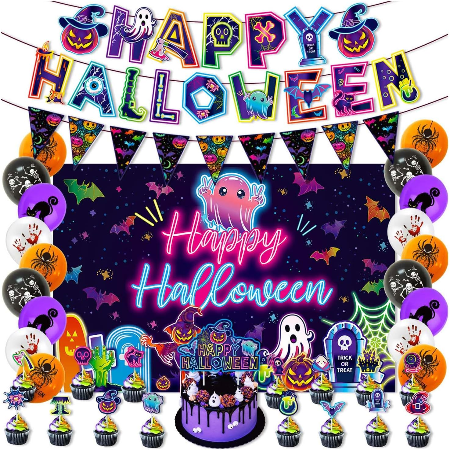 Neon Halloween Party Decorations Kit Glow in the Dark Halloween Background Banner Cake Toppers Balloons Ribbons 20 Pcs 12 Inch Latex Balloons for Black Light Halloween Decor Halloween Effect image number 2